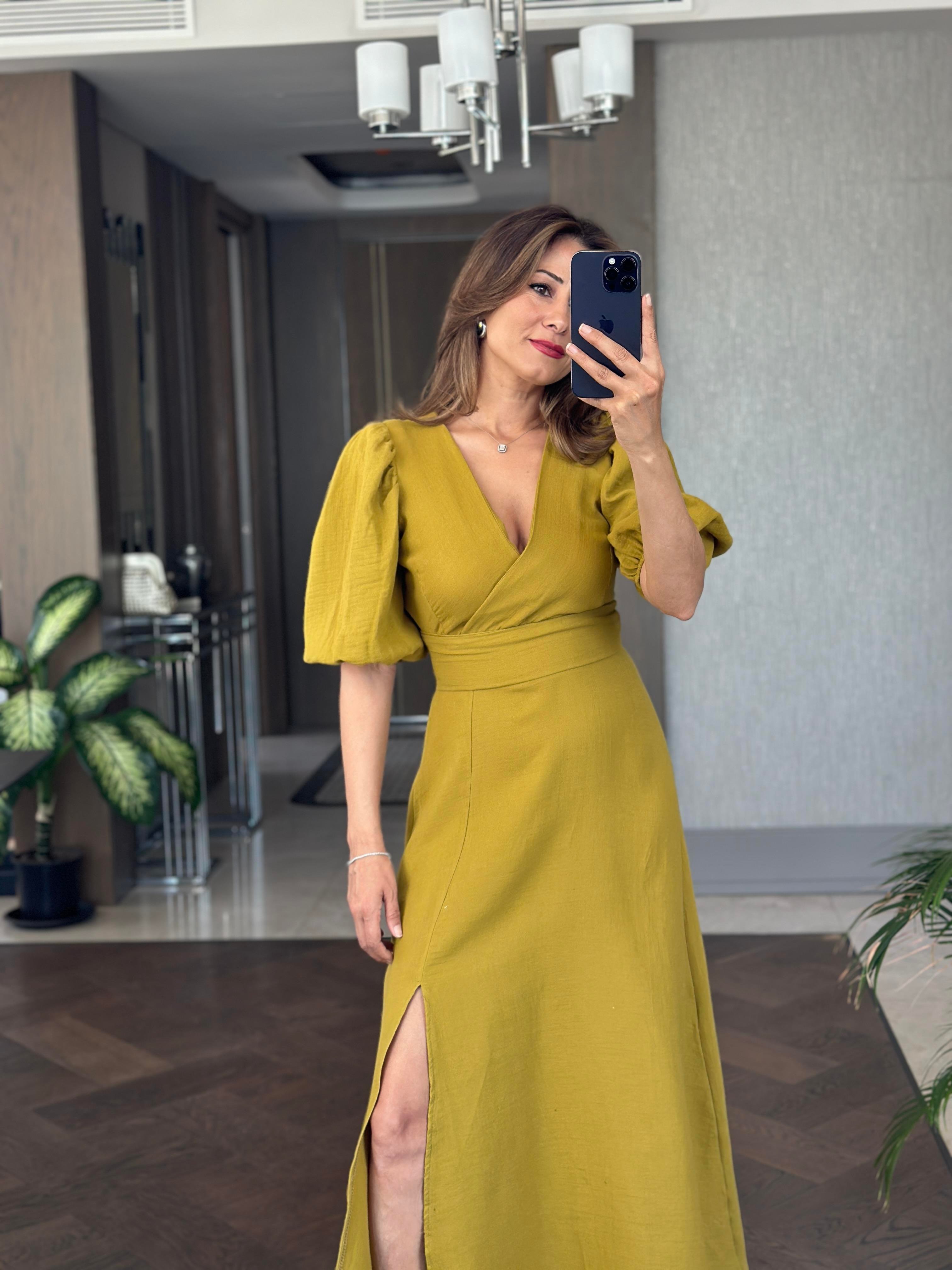 Yağ Yeşili Tek Yırtmaçlı Vatkalı Müslin Kumaş Kadın Maksi Boy Elbise 