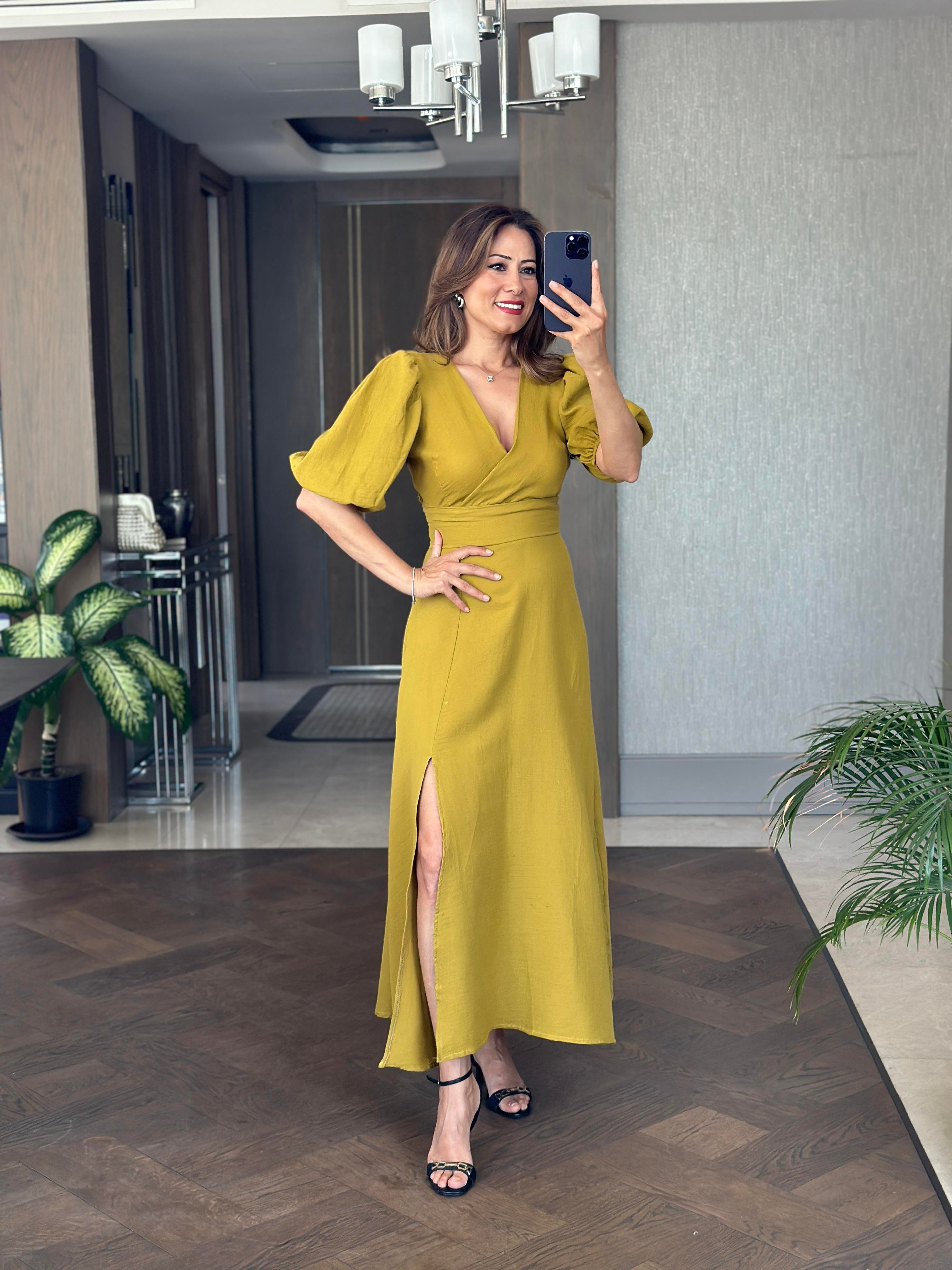 Yağ Yeşili Tek Yırtmaçlı Vatkalı Müslin Kumaş Kadın Maksi Boy Elbise 