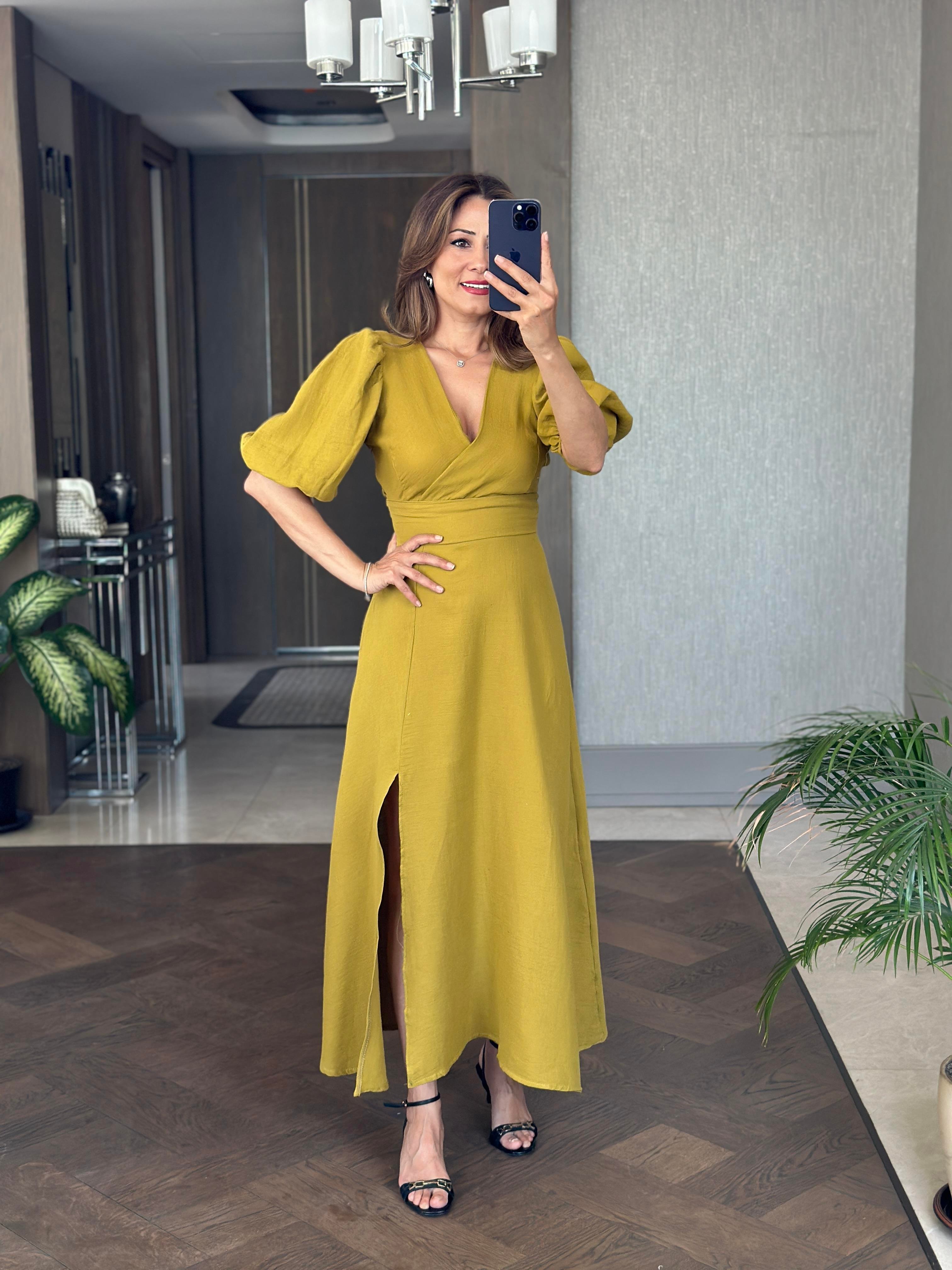 Yağ Yeşili Tek Yırtmaçlı Vatkalı Müslin Kumaş Kadın Maksi Boy Elbise 