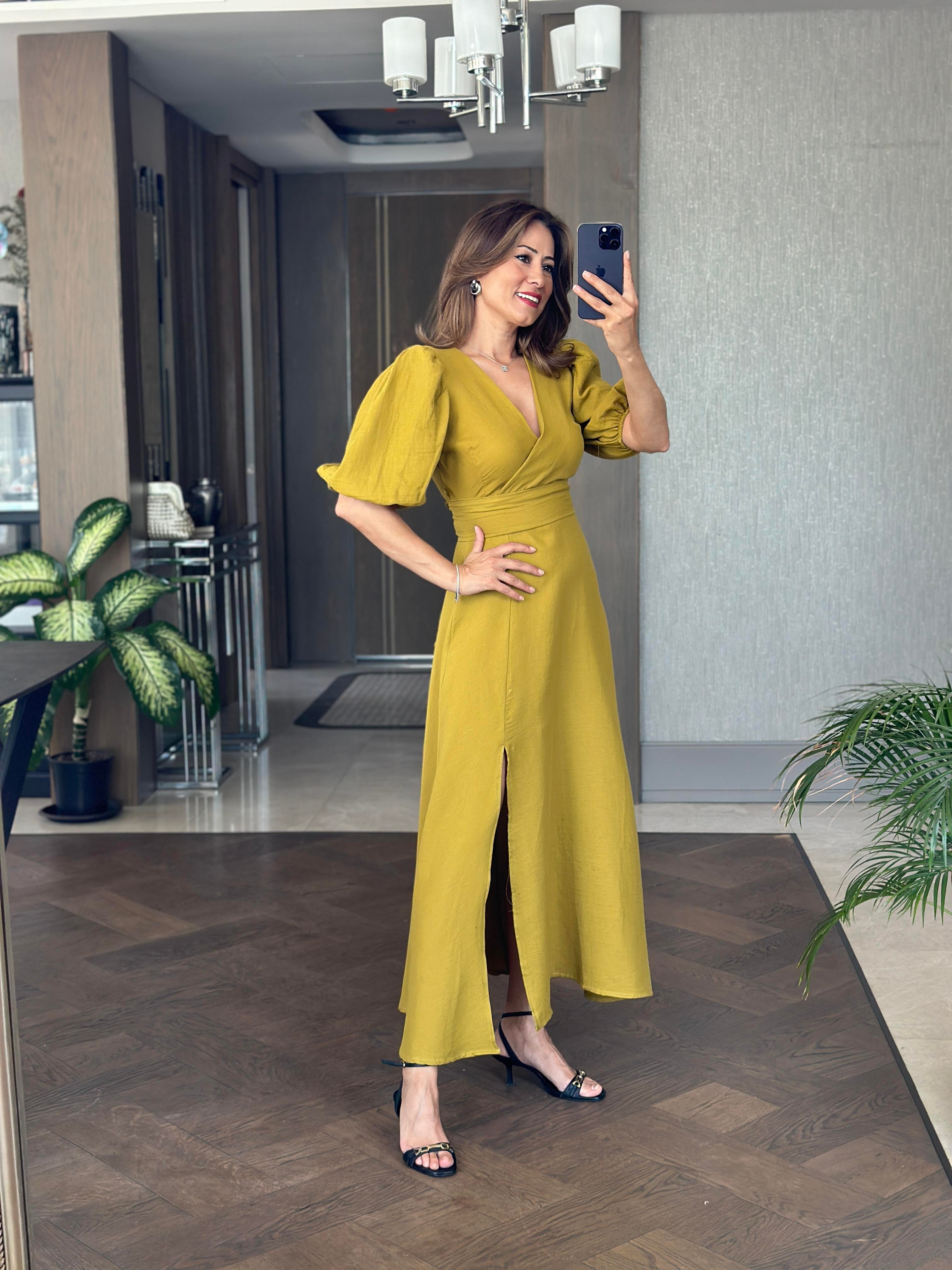 Yağ Yeşili Tek Yırtmaçlı Vatkalı Müslin Kumaş Kadın Maksi Boy Elbise 