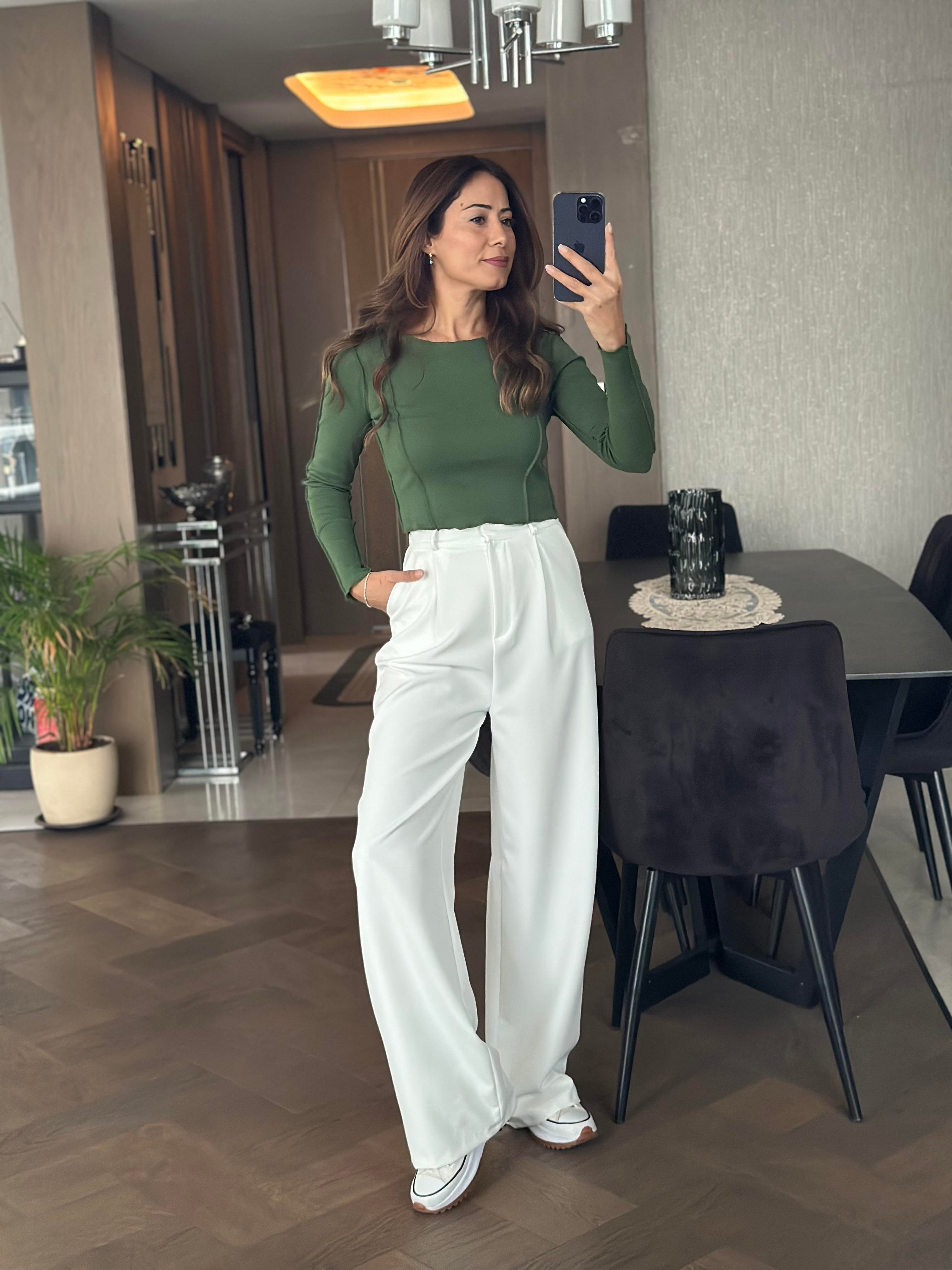 Yeşil Bisiklet Yaka Ters Dikişli Uzun Kol Kadın Crop Body