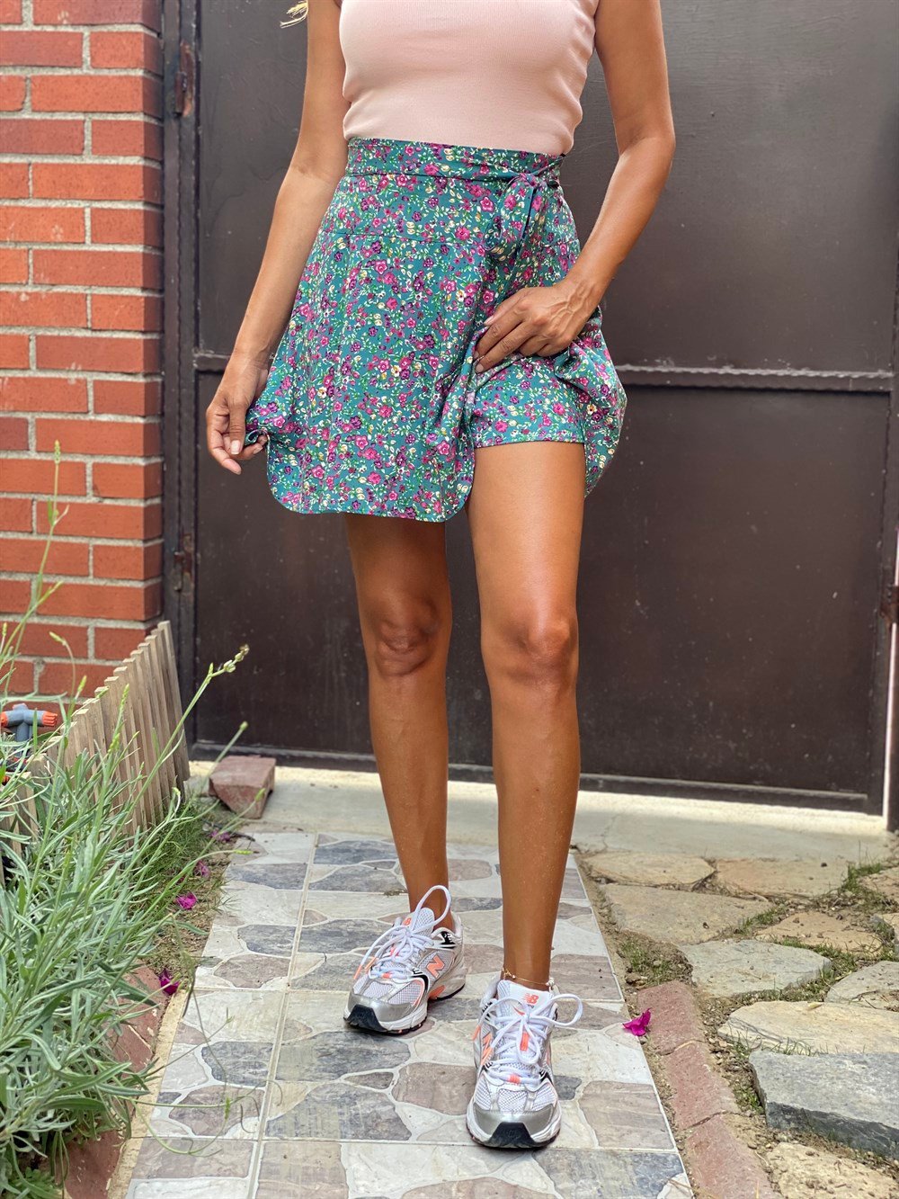 Yeşil Çiçek Çıtır Desen Şortlu Kadın Etek