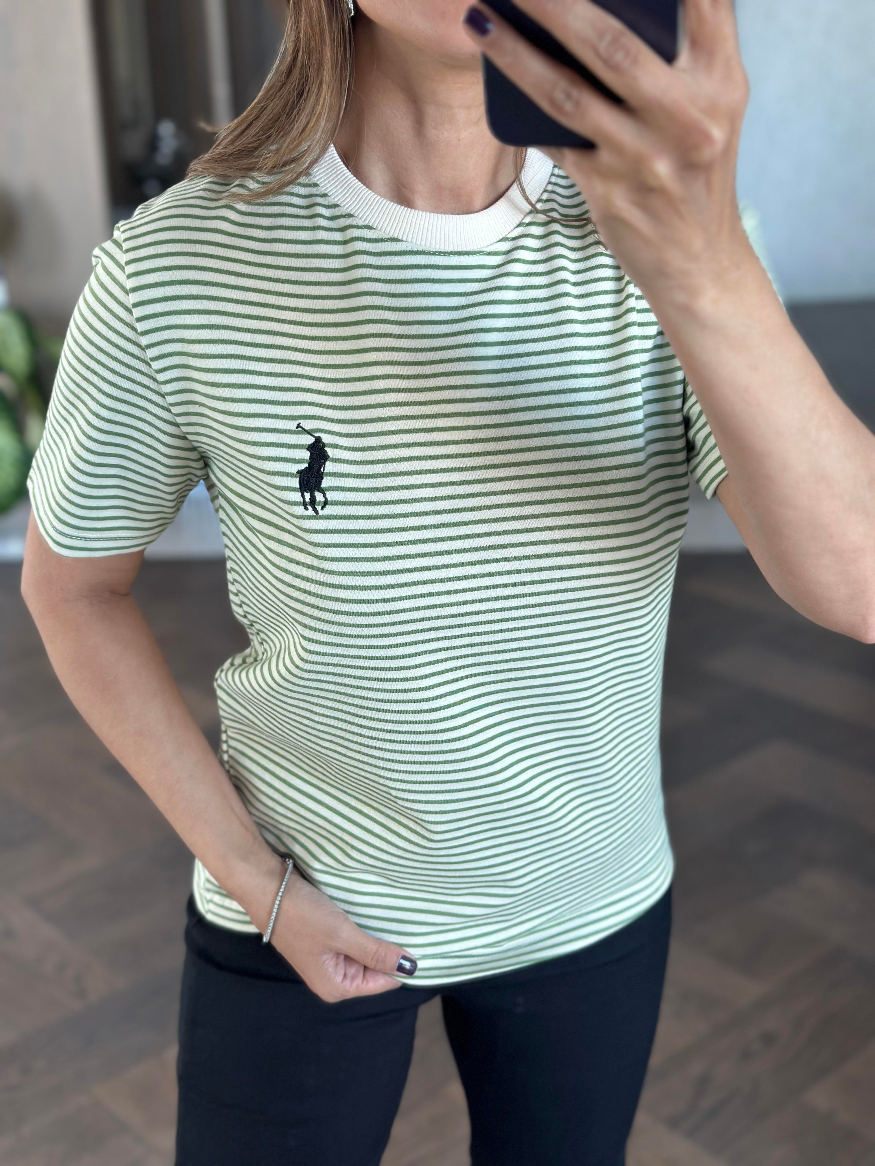 Yeşil Çizgili Nakışlı Bisiklet Yaka Kadın T-Shirt