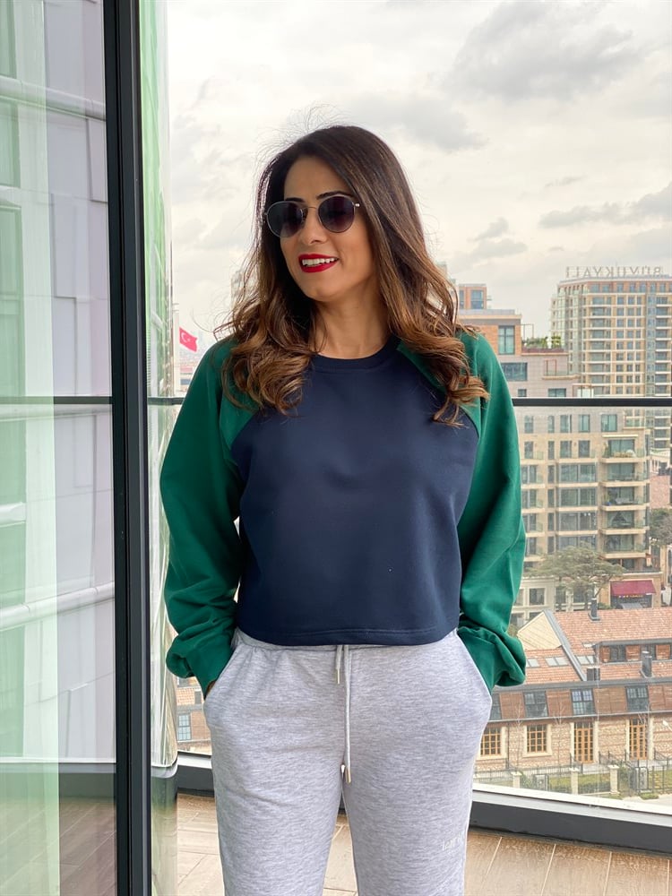Yeşil Lacivert Kısa Sweatshirt