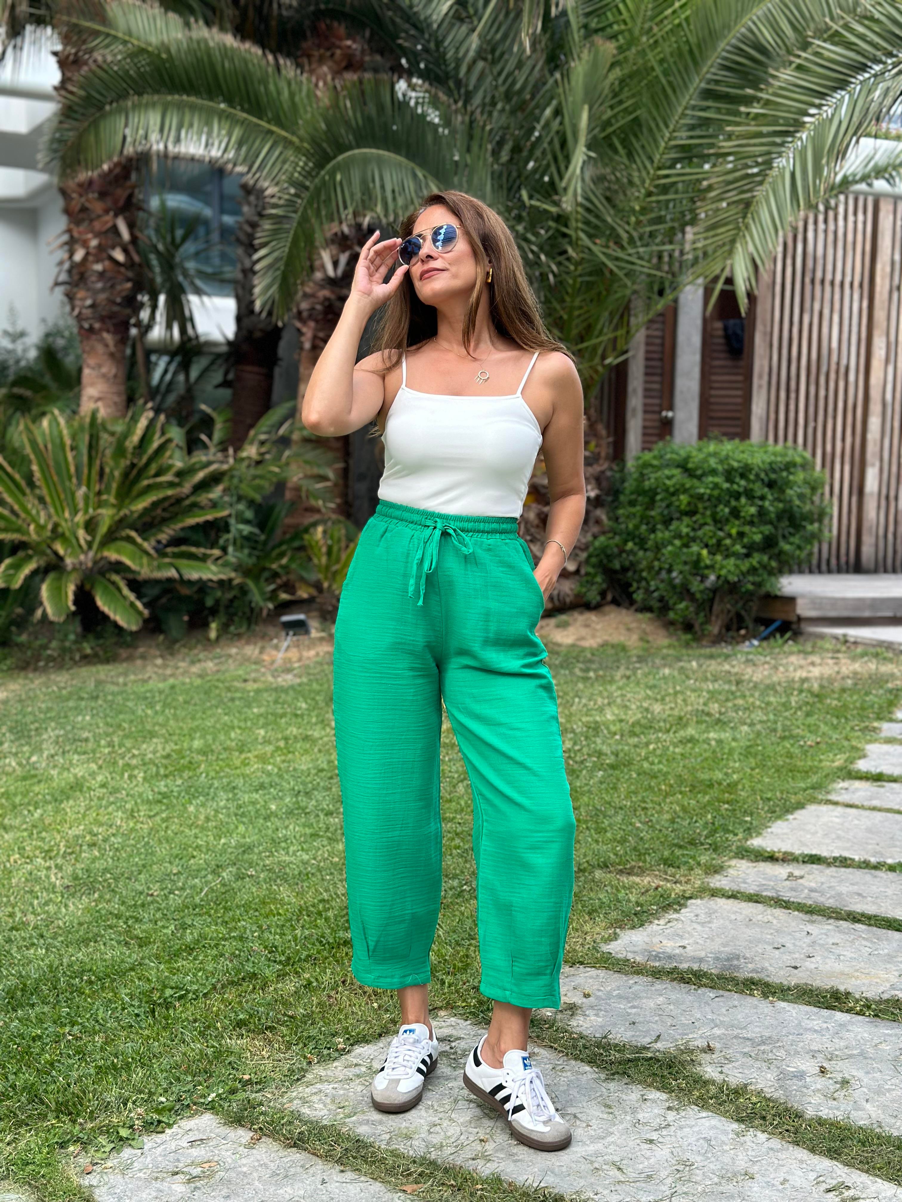 Yeşil Müslin Paça Pensli Kadın Pantolon