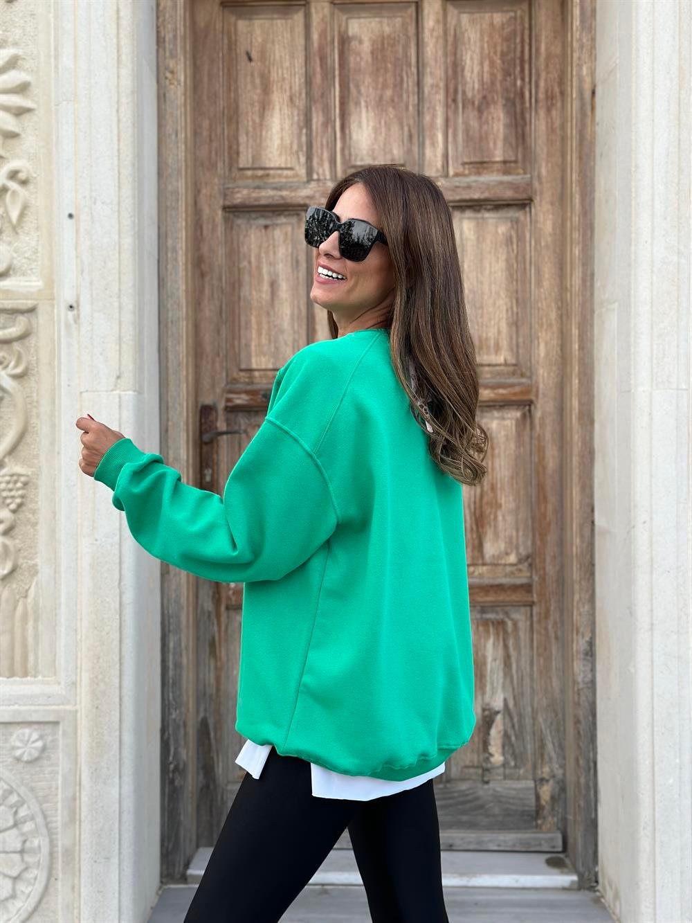 Yeşil Omzu Dikiş Detay Bisiklet Yaka Şardonlu Kadın Sweatshirt