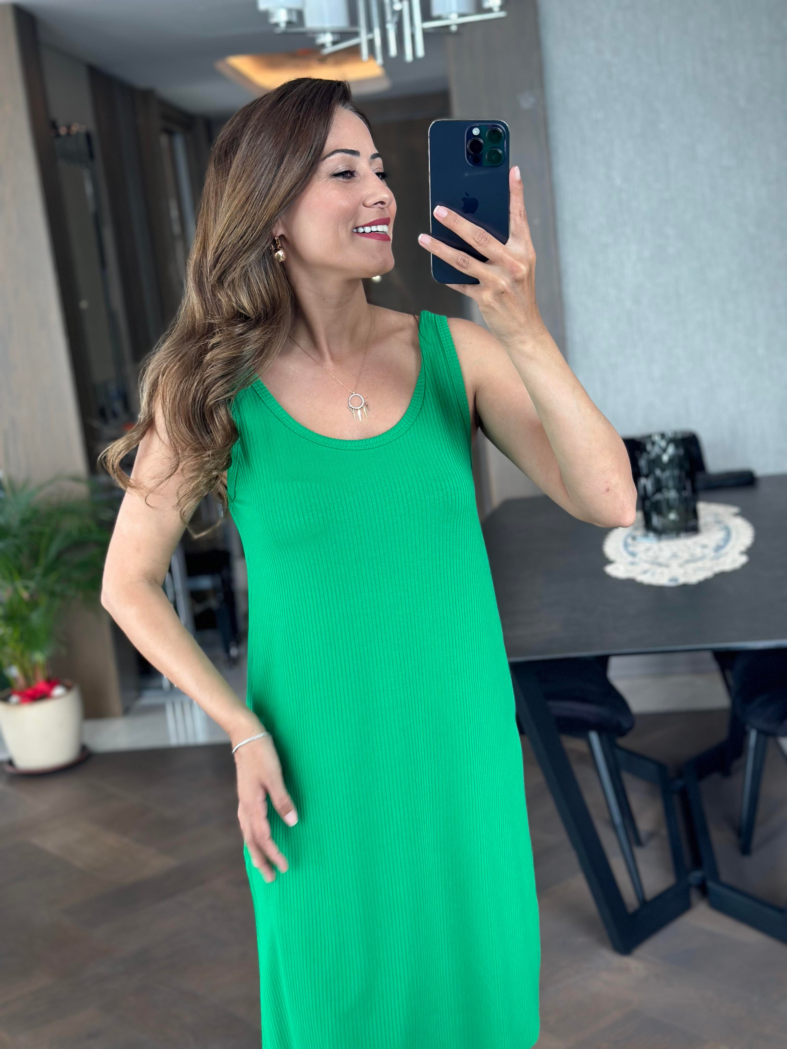 Yeşil Ön Arka U Yaka Kalın Askılı Kaşkorse Kadın Elbise 