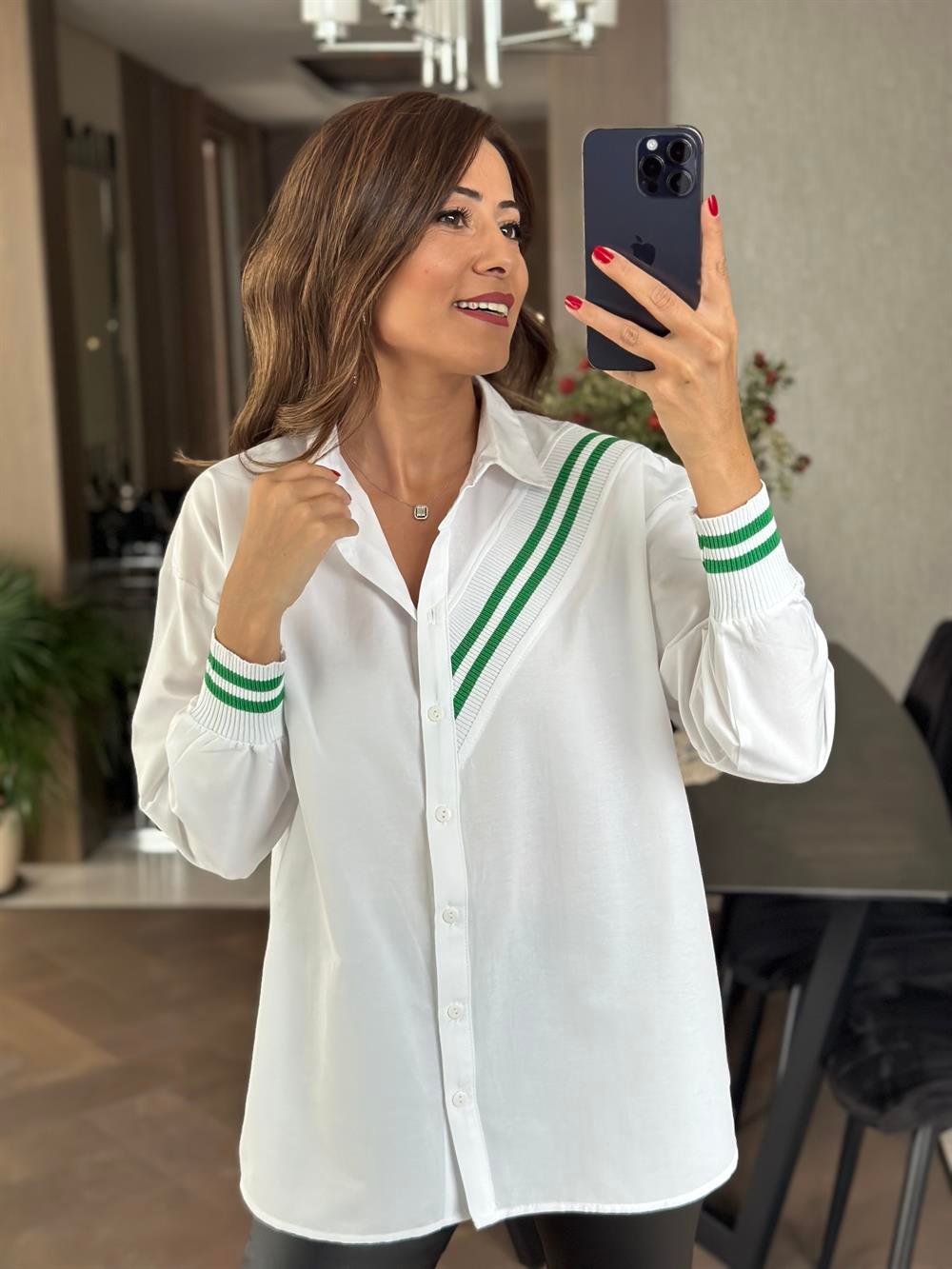 Yeşil Ribanalı Poplin Kadın Gömlek
