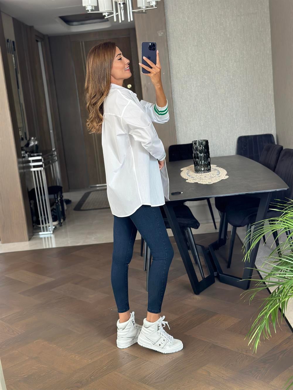 Yeşil Ribanalı Poplin Kadın Gömlek