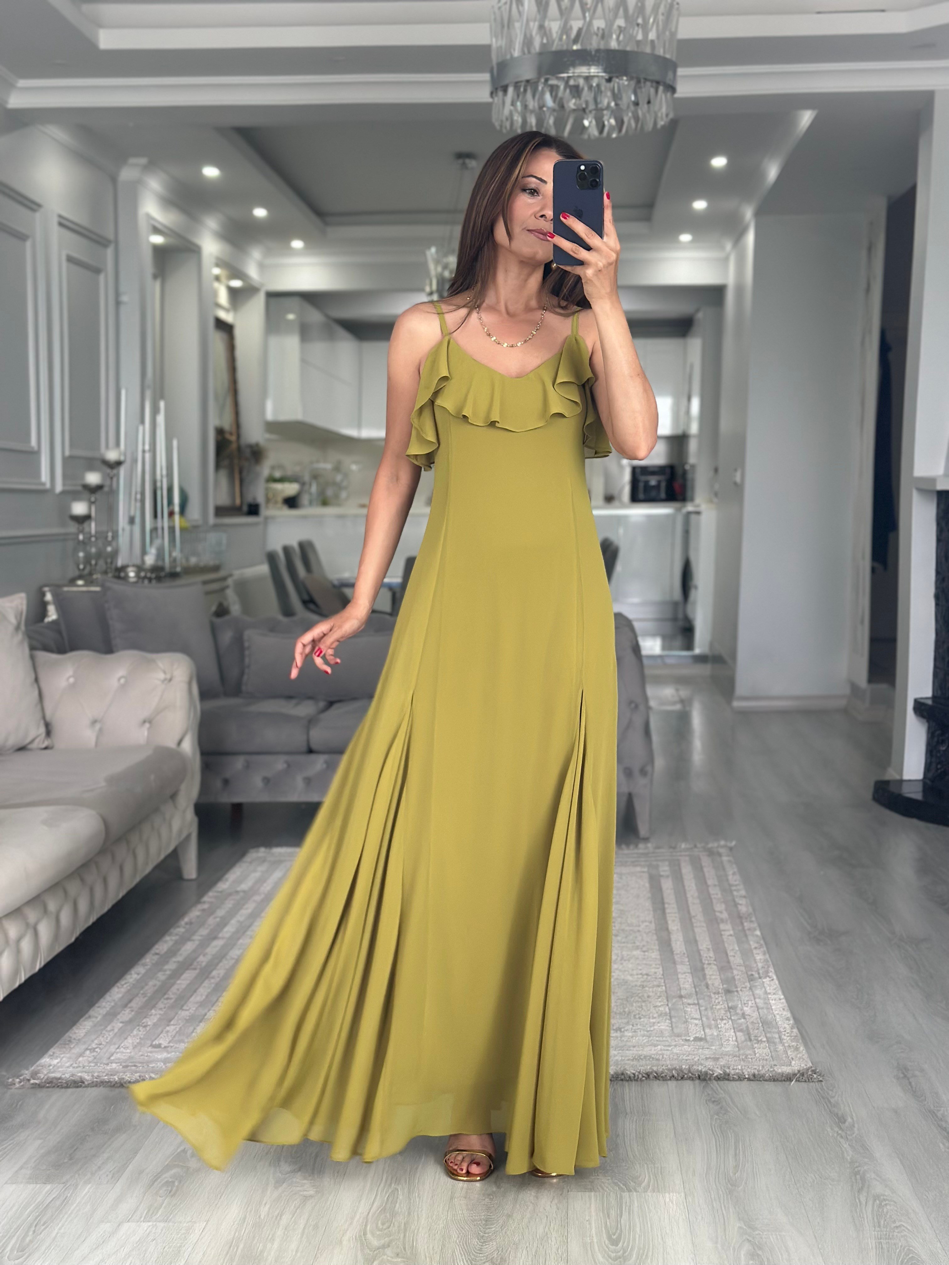 Yeşil Şifon Fırfır Detaylı Askılı Maxi Boy Kadın Elbise