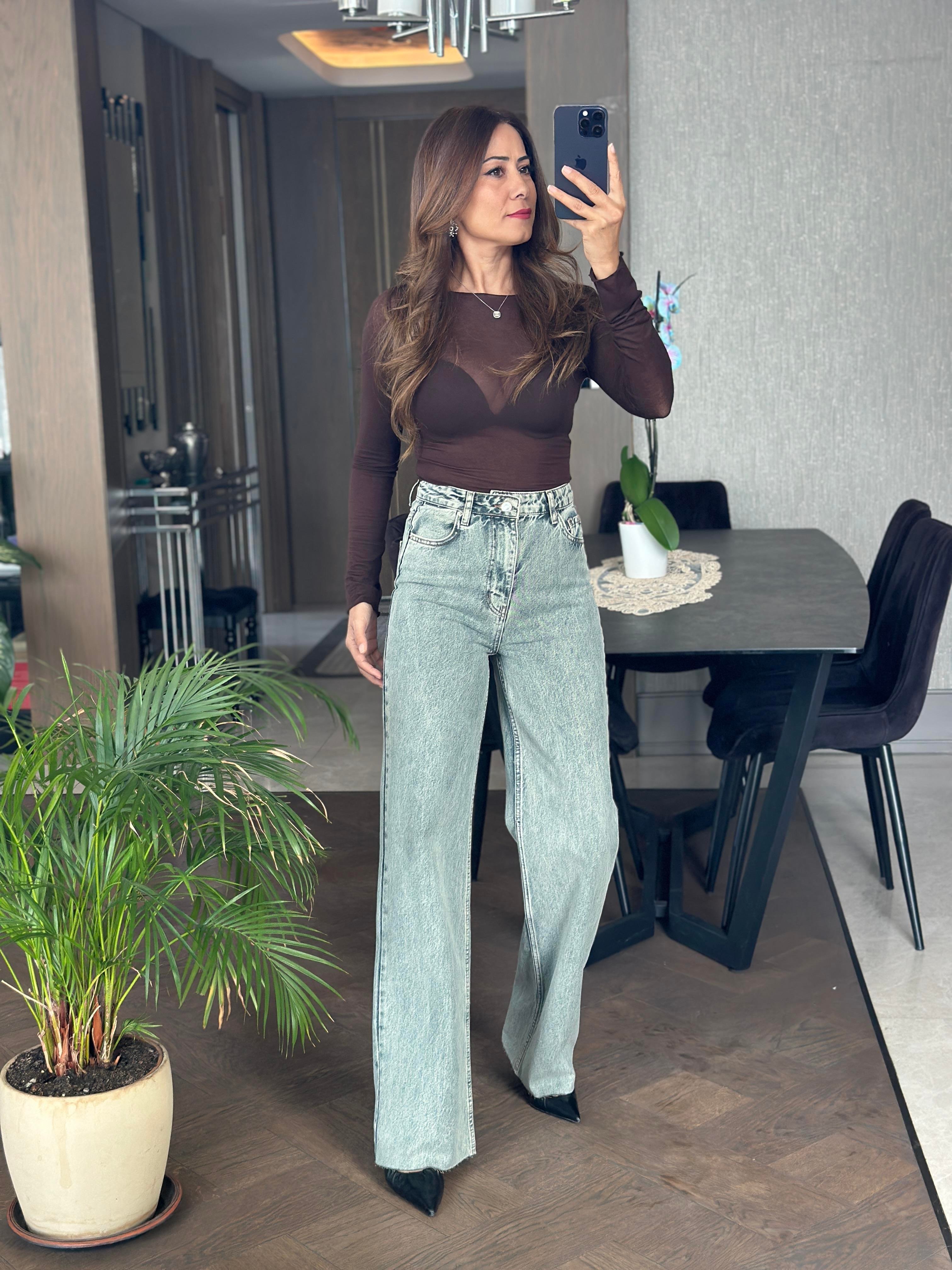 Yeşil Yıkamalı Kesik Paça  Wide Leg Kadın Jean Pantolon