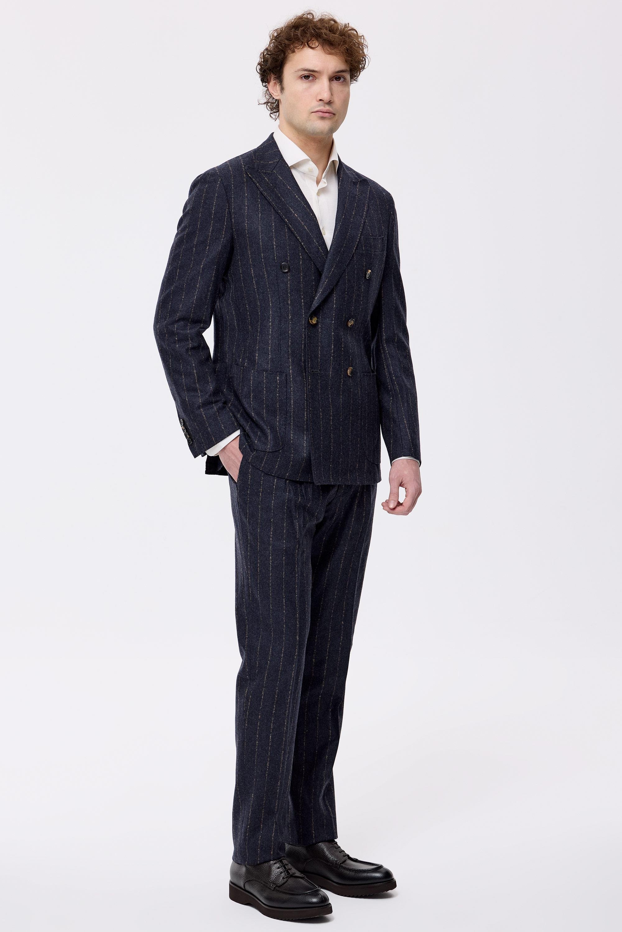 Antrasit Bej Çizgili Yün Kaşmir Kruvaze Takım Elbise