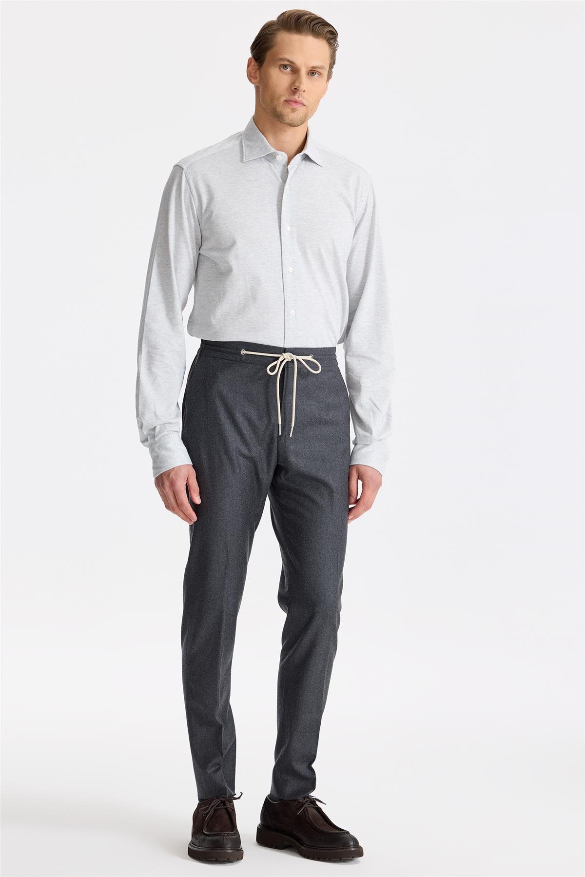 Antrasit Gri Beli Bağcıklı Yün Pantolon