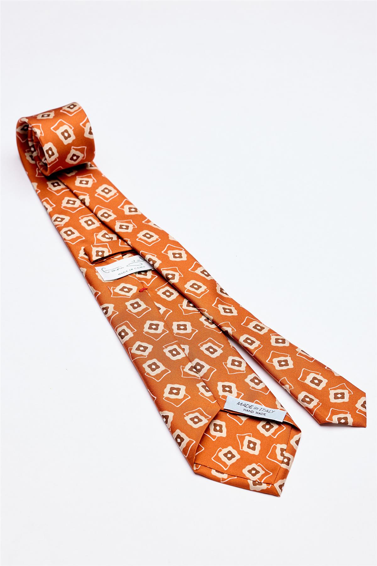 Bakır Kahve Desenli 7 Fold İpek Kravat