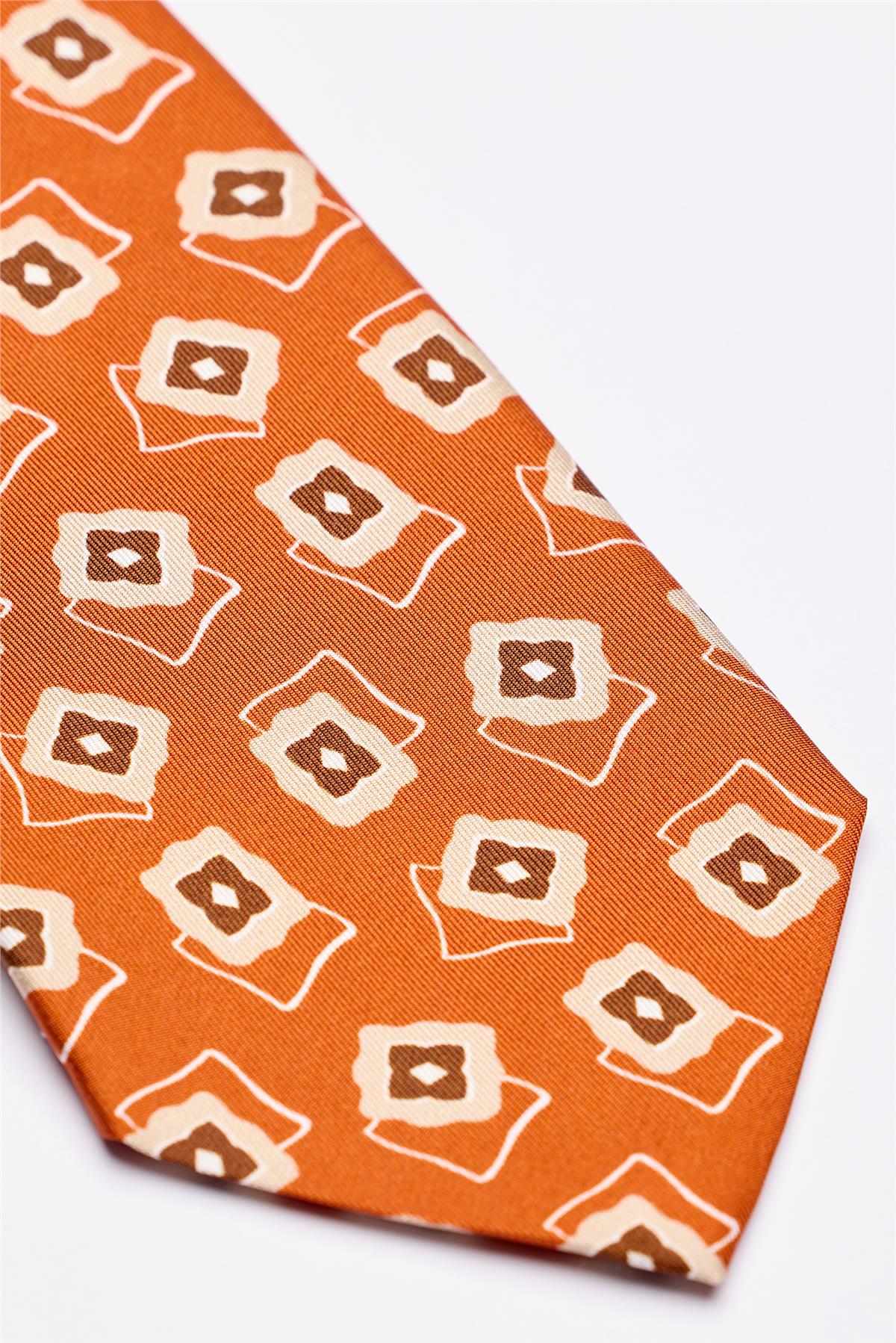 Bakır Kahve Desenli 7 Fold İpek Kravat