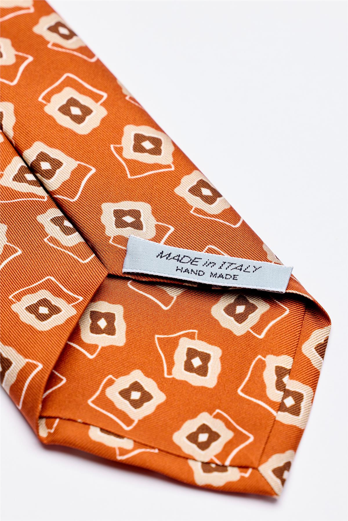 Bakır Kahve Desenli 7 Fold İpek Kravat