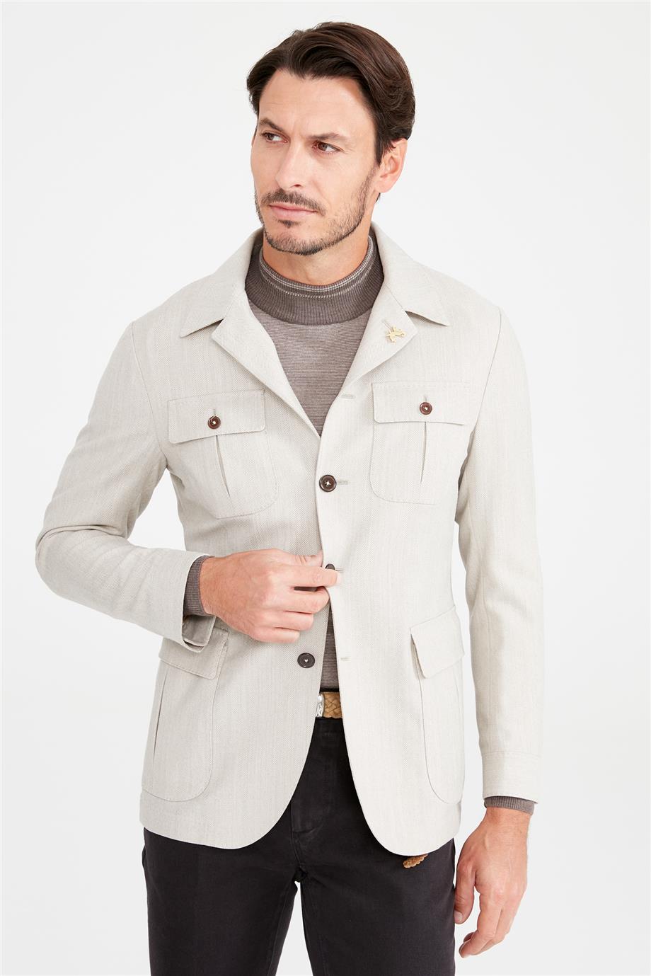 Bej Balık Sırtı Sahariana Yün Ceket