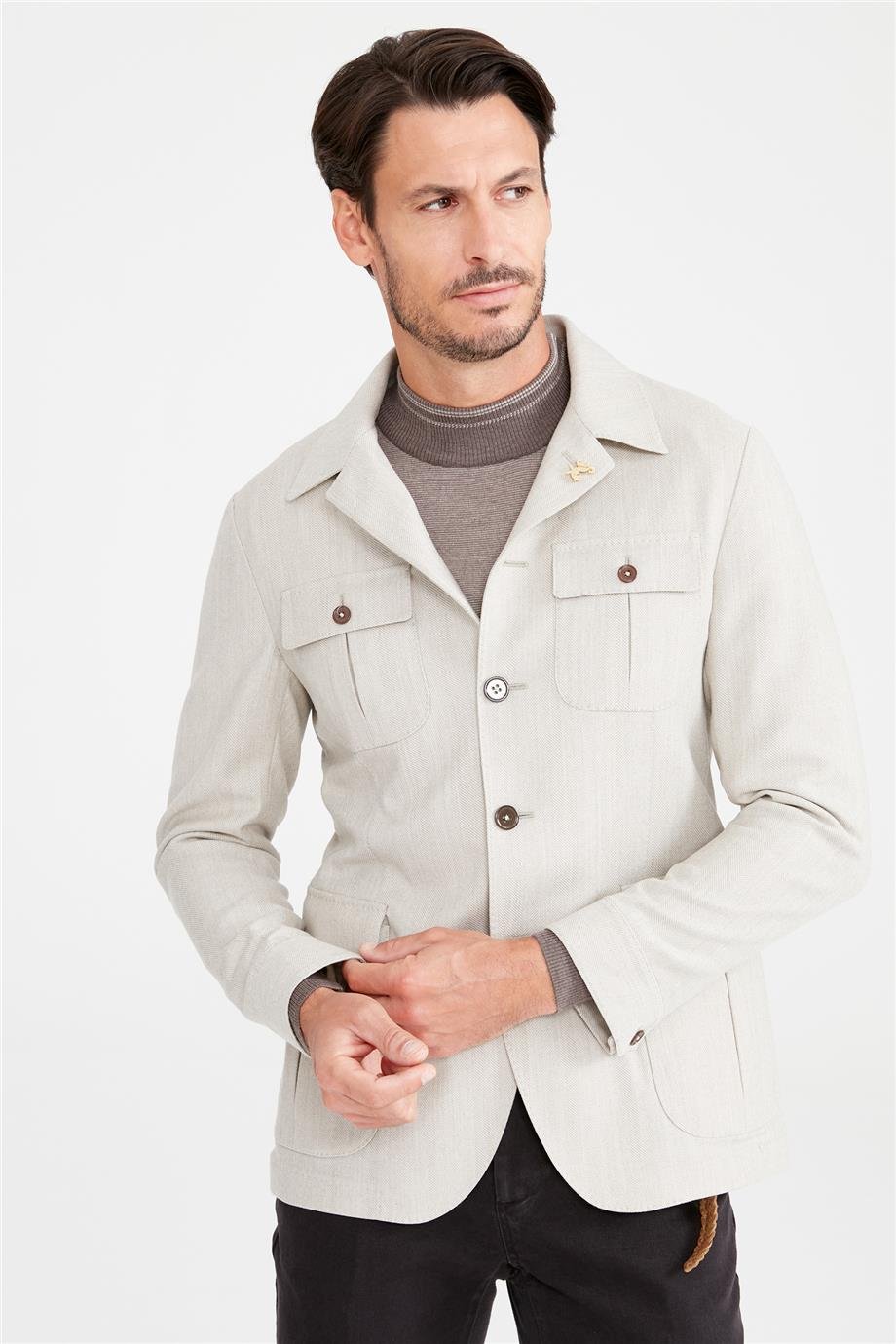 Bej Balık Sırtı Sahariana Yün Ceket