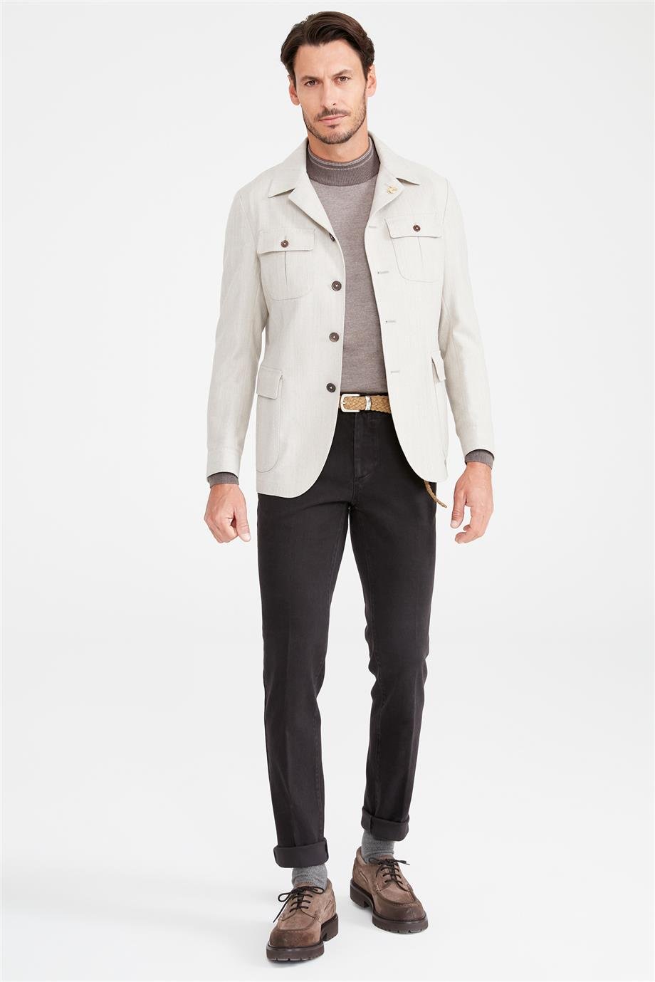 Bej Balık Sırtı Sahariana Yün Ceket