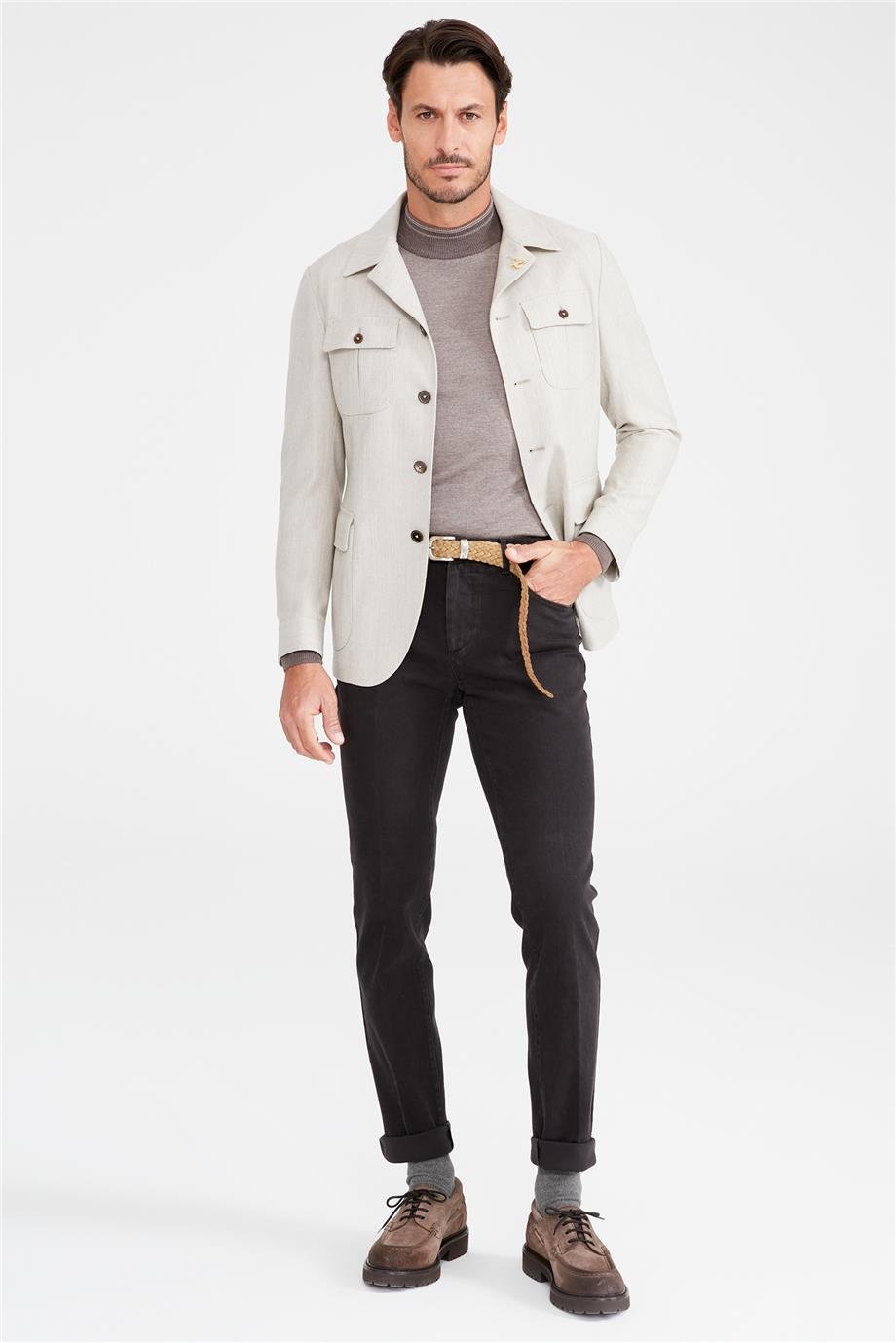 Bej Balık Sırtı Sahariana Yün Ceket