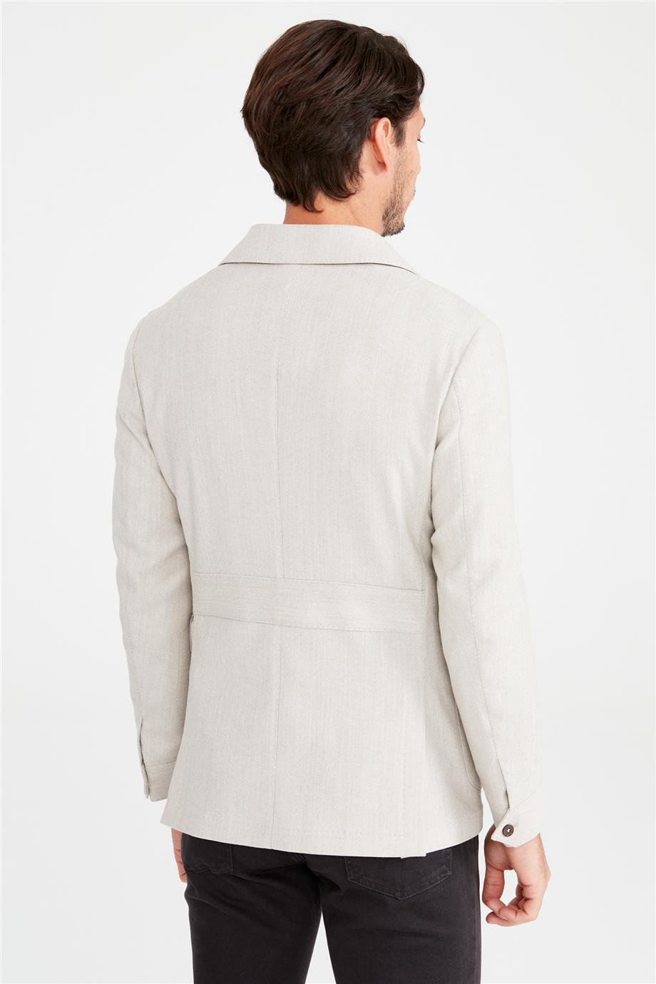 Bej Balık Sırtı Sahariana Yün Ceket