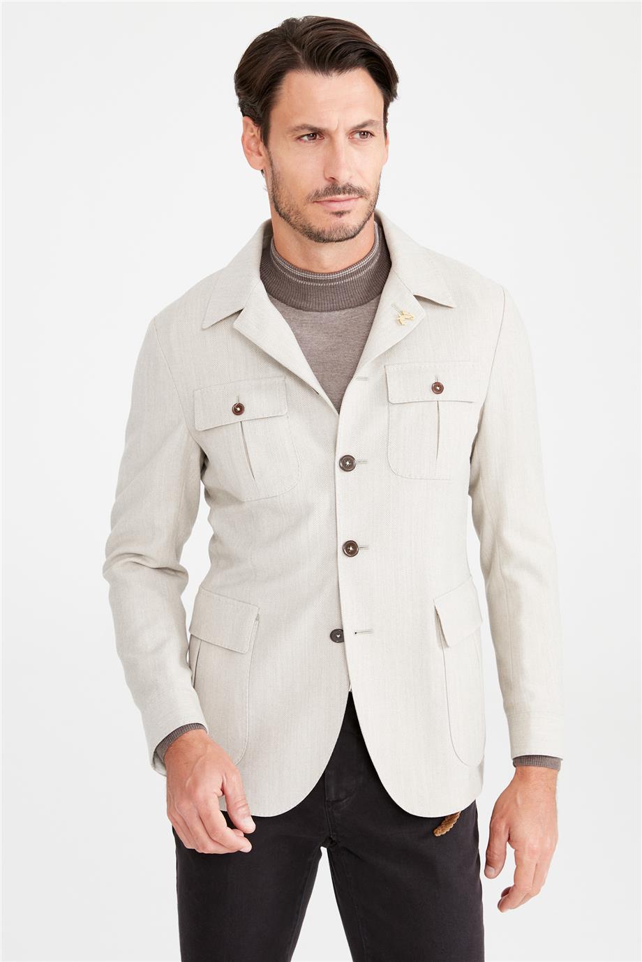 Bej Balık Sırtı Sahariana Yün Ceket