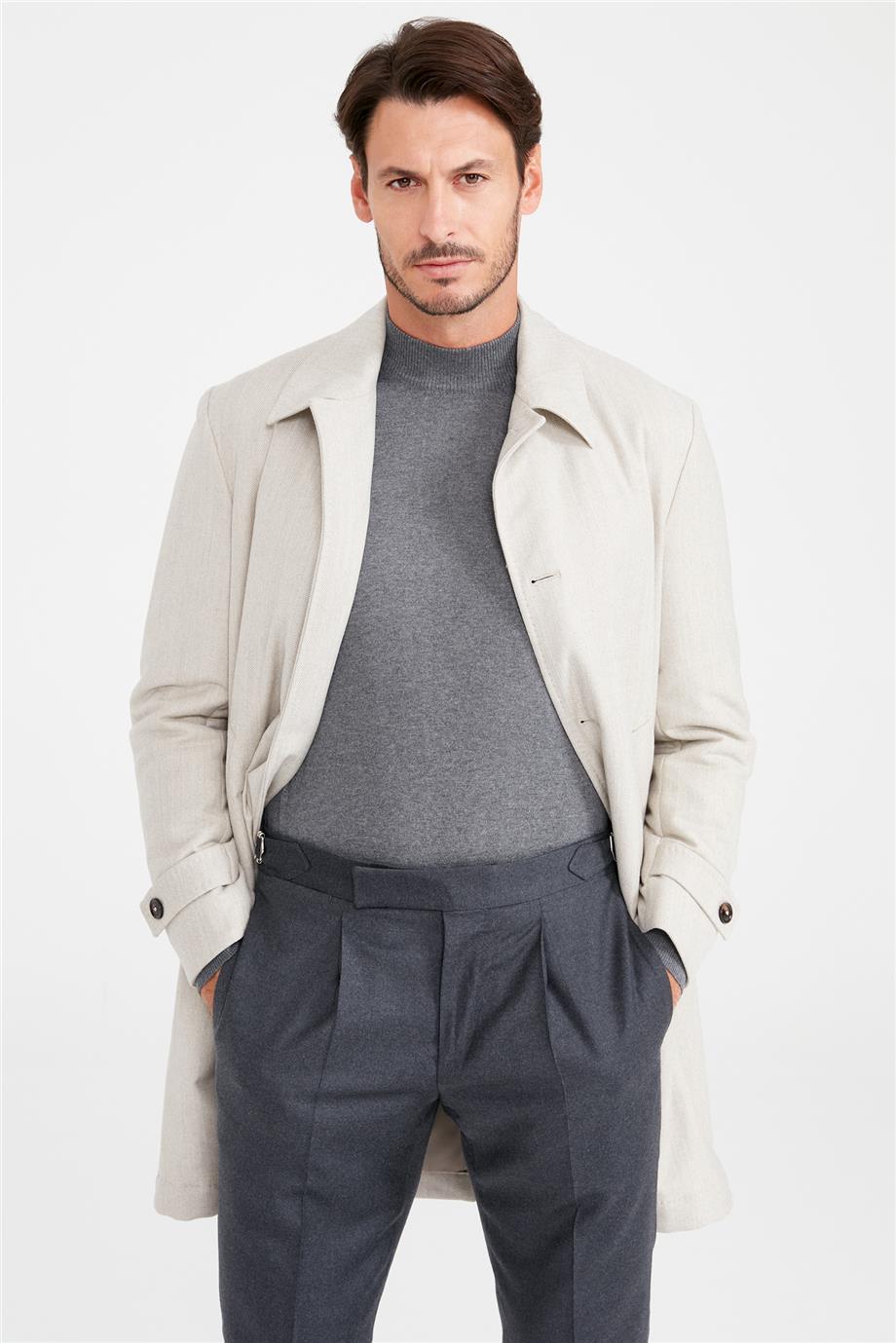 Bej Balık Sırtı Yün Paltı