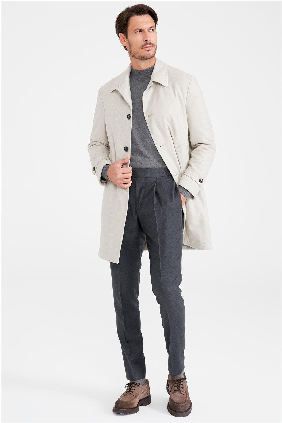 Bej Balık Sırtı Yün Paltı