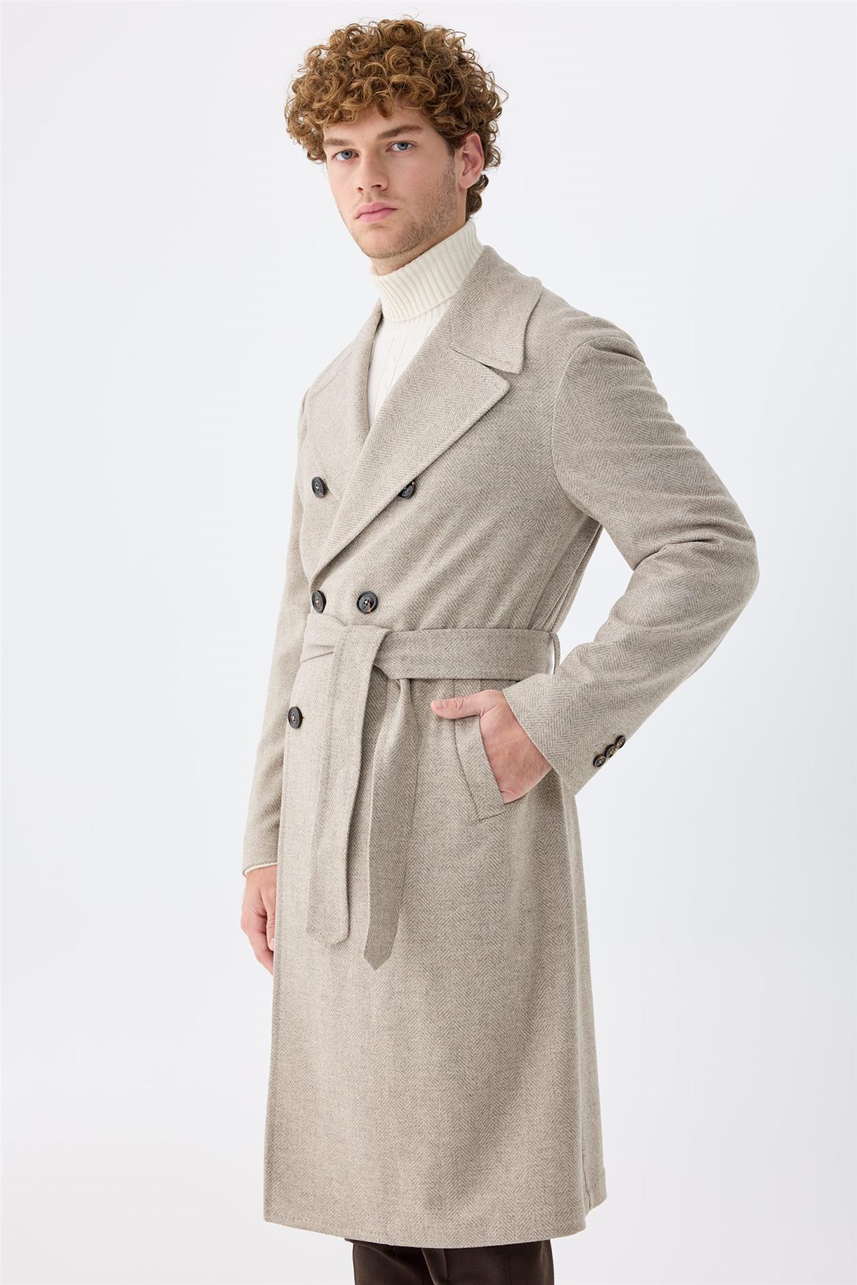 Bej Balıksırtı Kruvaze Yün Palto