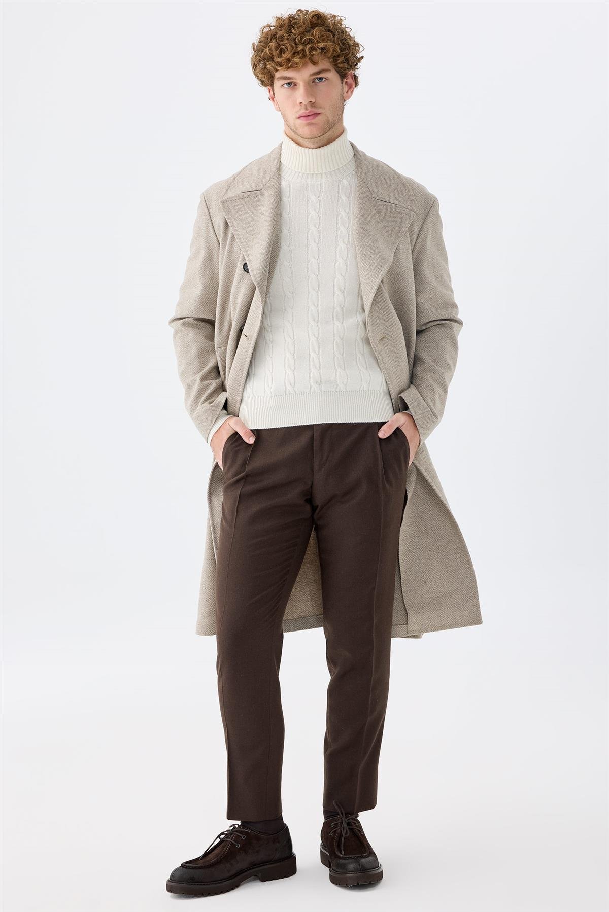 Bej Balıksırtı Kruvaze Yün Palto