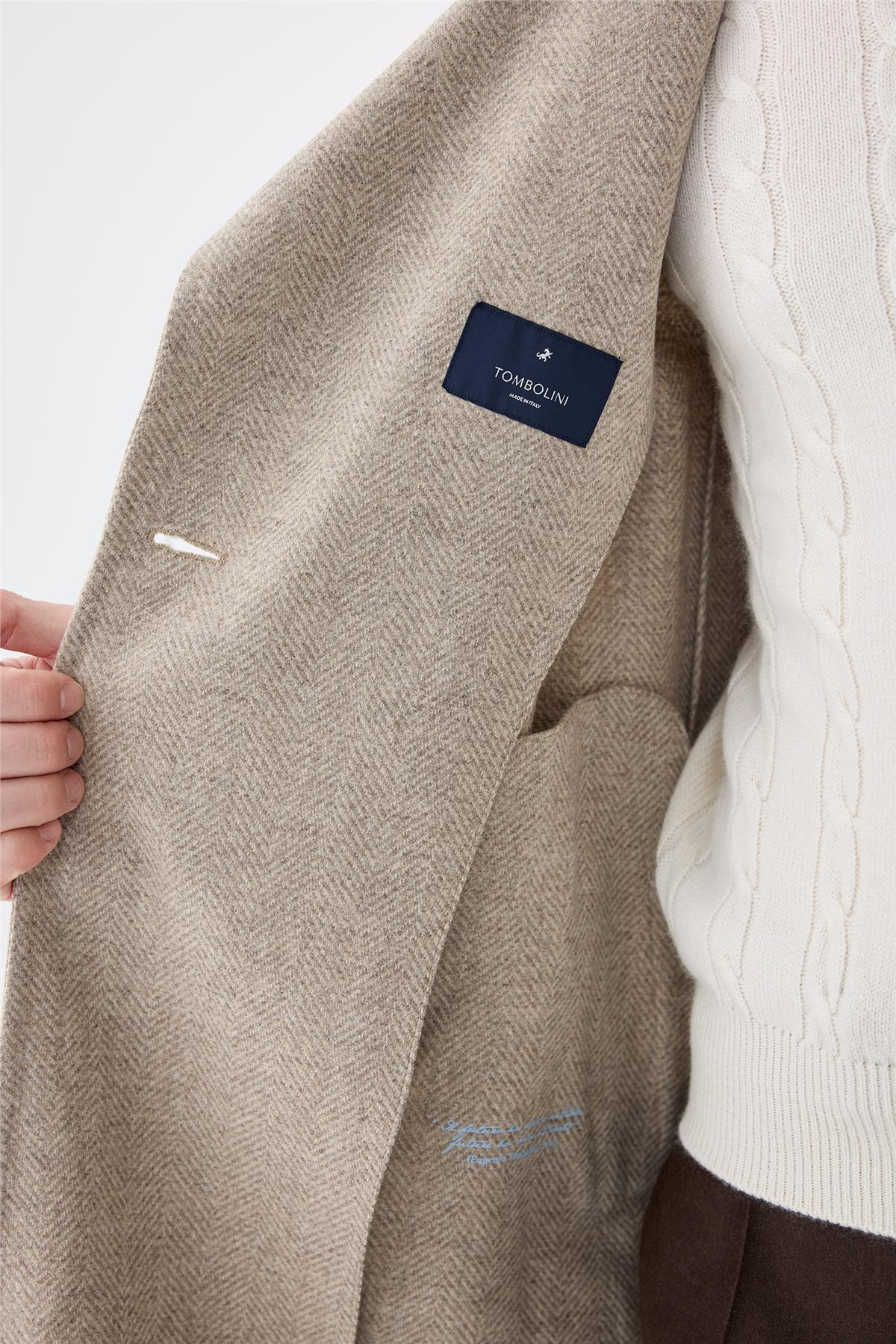 Bej Balıksırtı Kruvaze Yün Palto