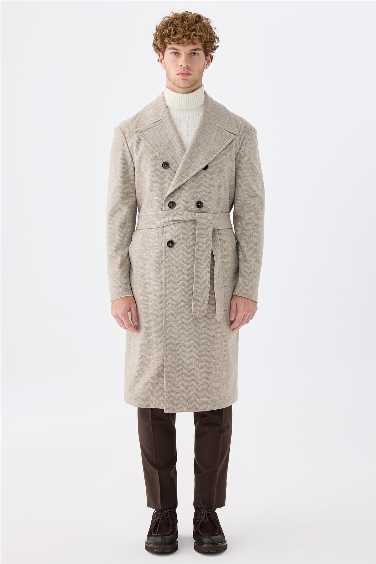 Bej Balıksırtı Kruvaze Yün Palto