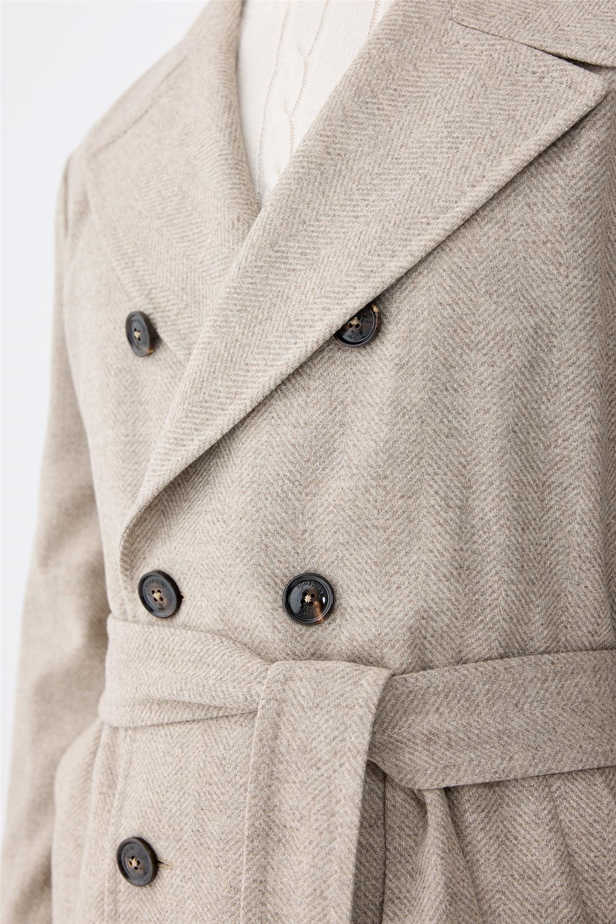 Bej Balıksırtı Kruvaze Yün Palto