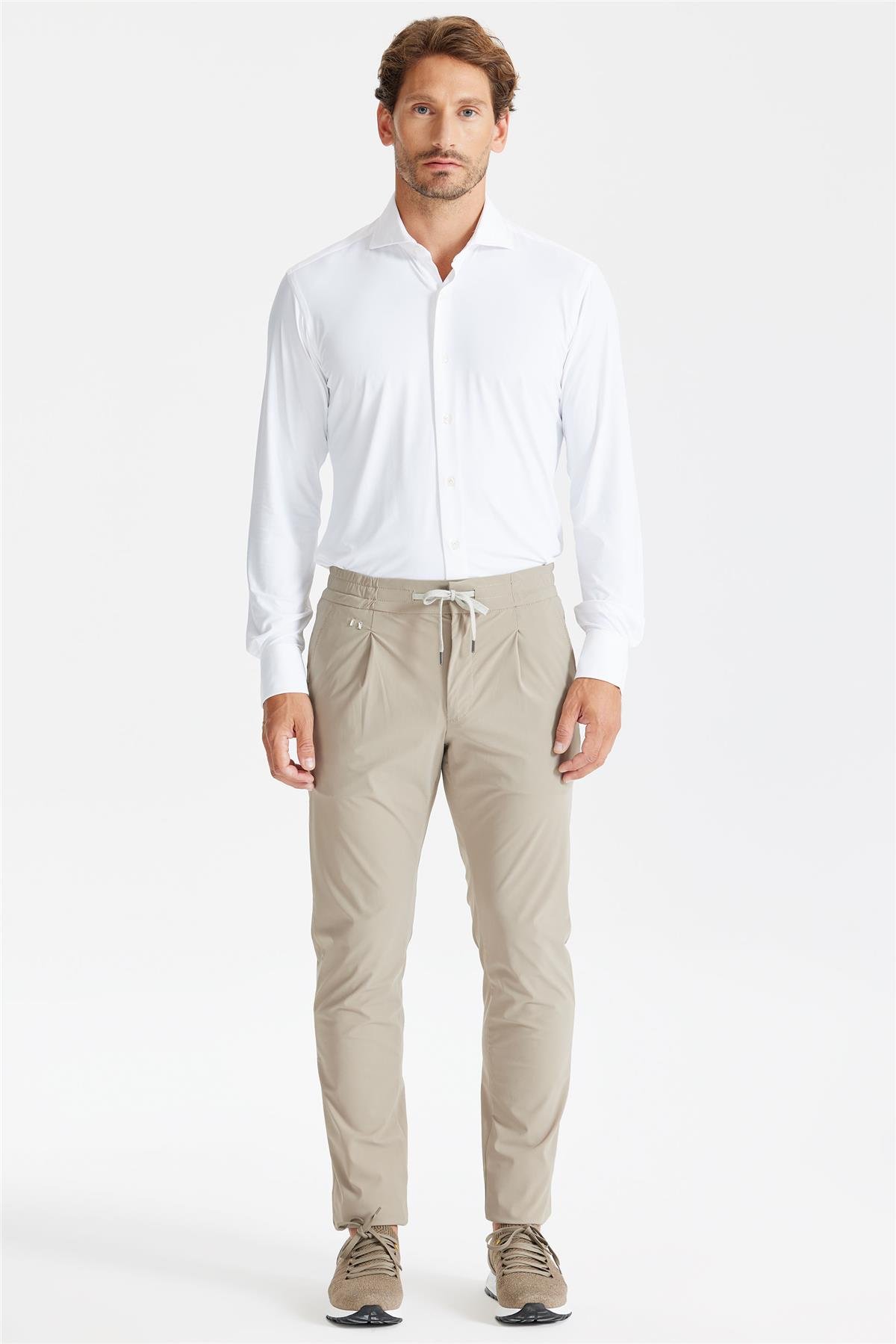 Bej Beli Kordonlu Teknik Pantolon