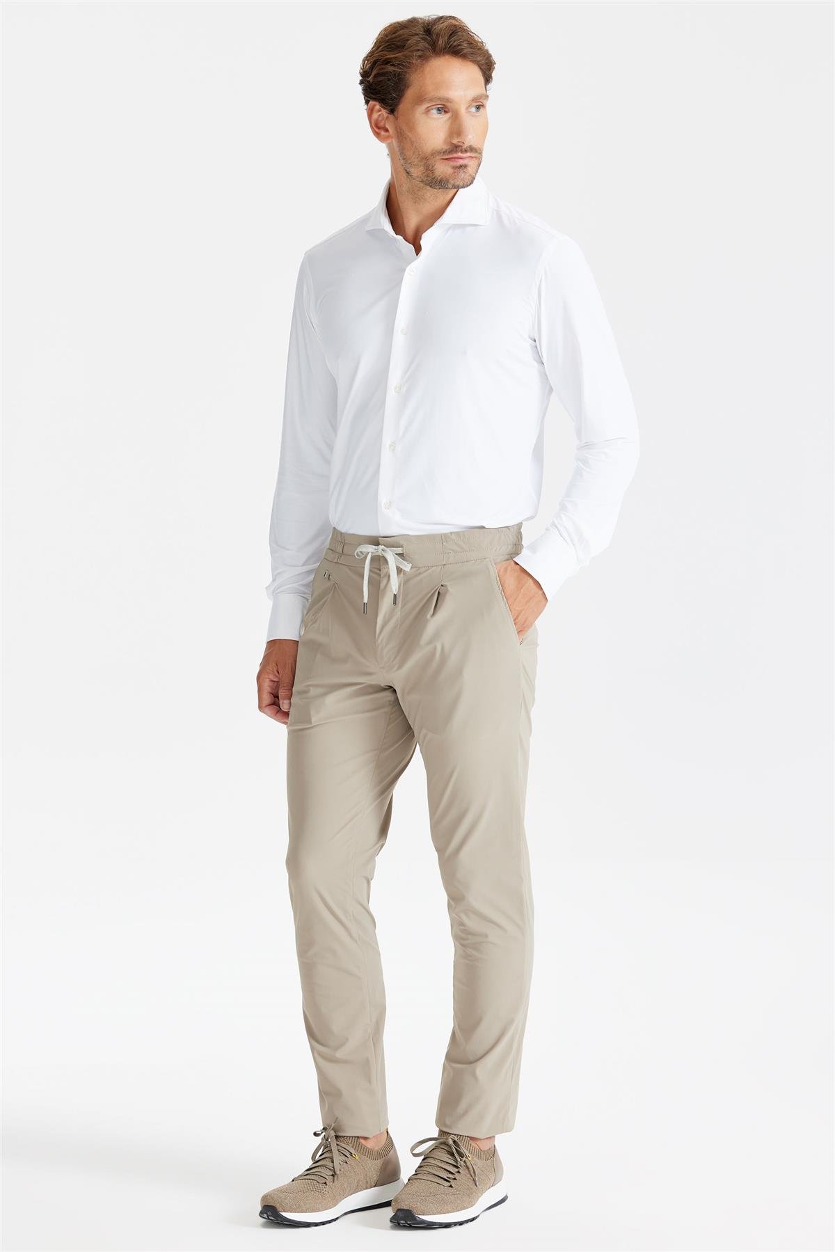 Bej Beli Kordonlu Teknik Pantolon