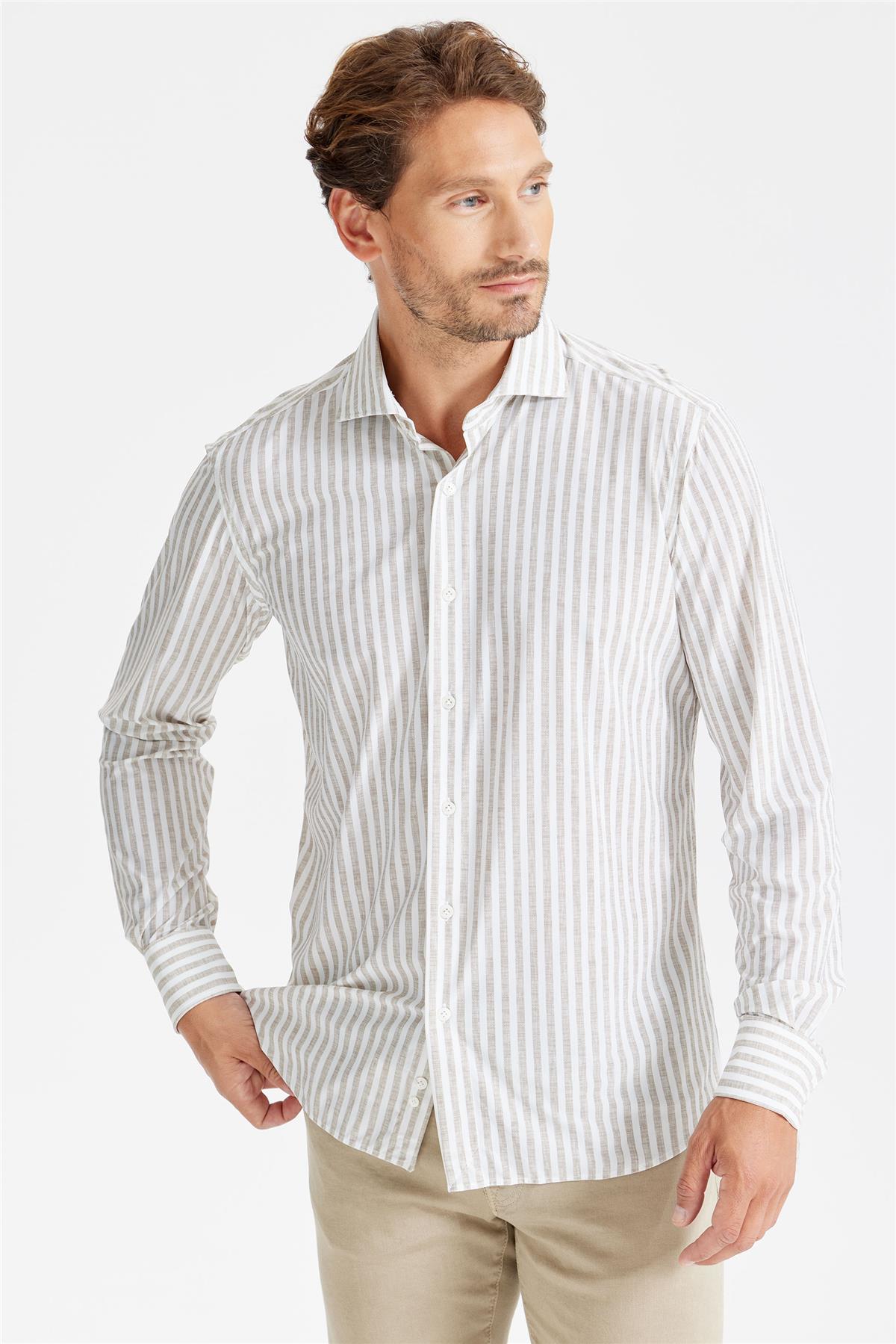 Bej Çizgili Teknik Kumaş Gömlek