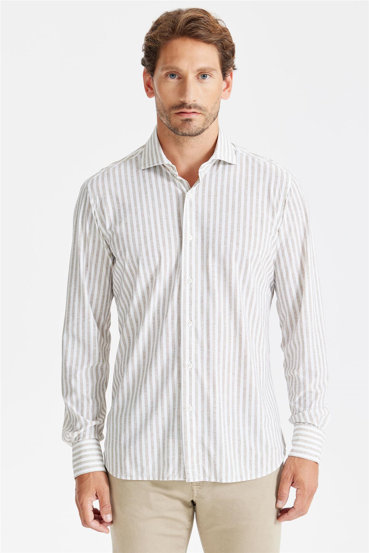 Bej Çizgili Teknik Kumaş Gömlek