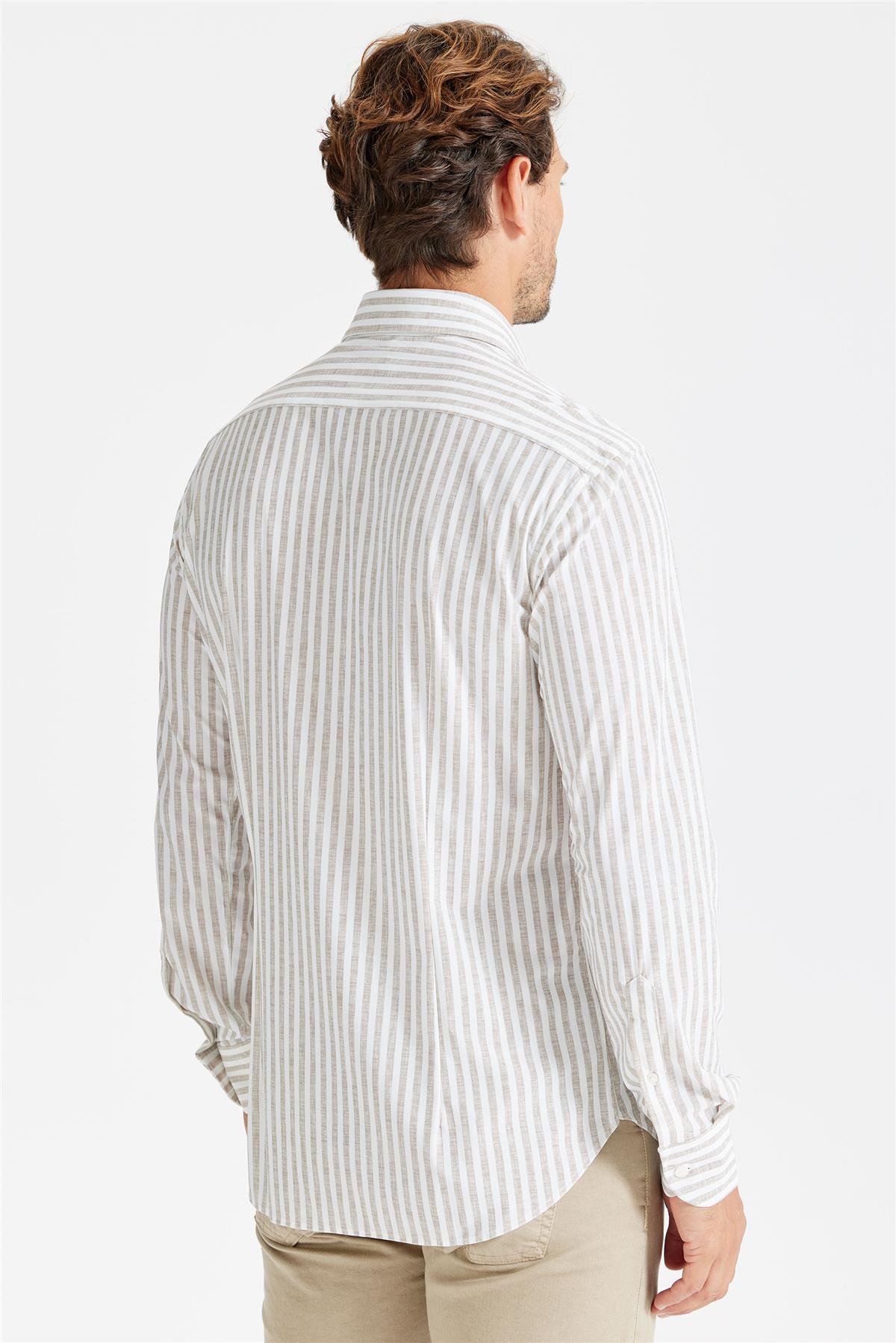 Bej Çizgili Teknik Kumaş Gömlek