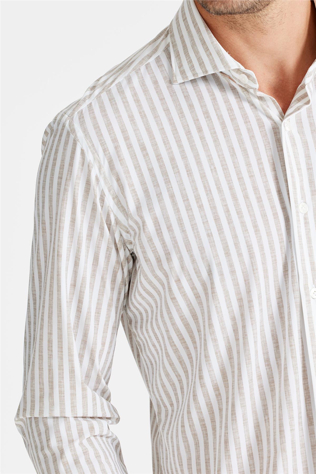 Bej Çizgili Teknik Kumaş Gömlek
