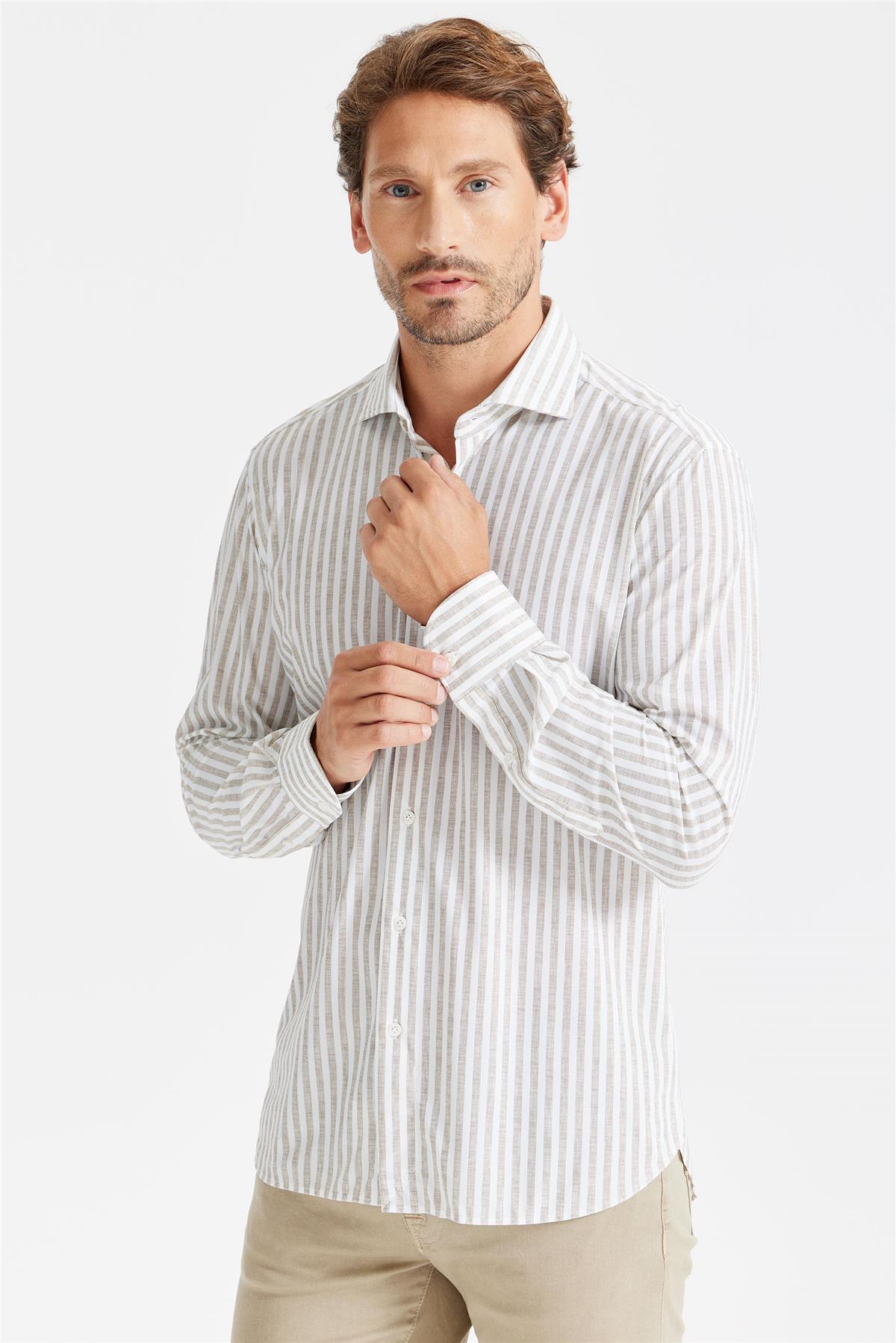 Bej Çizgili Teknik Kumaş Gömlek