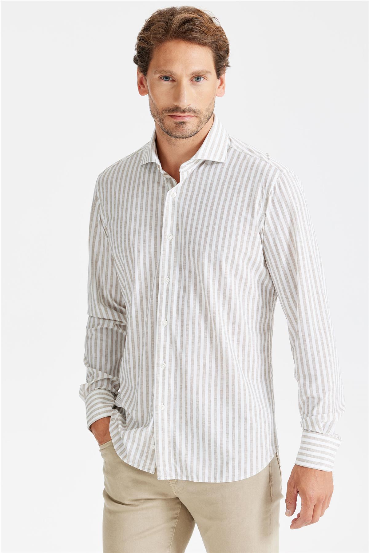 Bej Çizgili Teknik Kumaş Gömlek