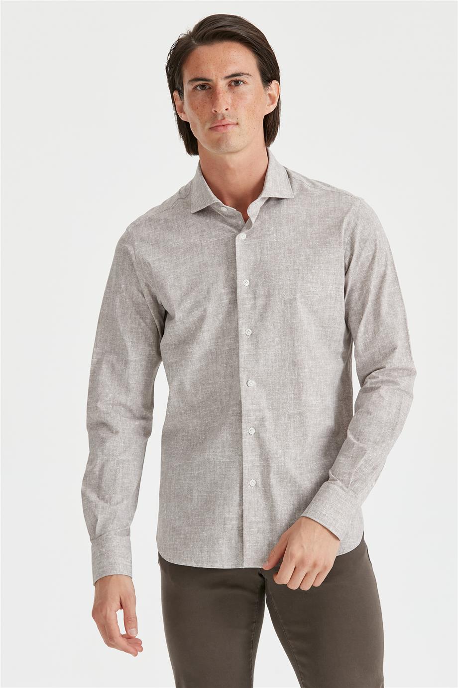 Bej Desenli Teknik Kumaş Gömlek