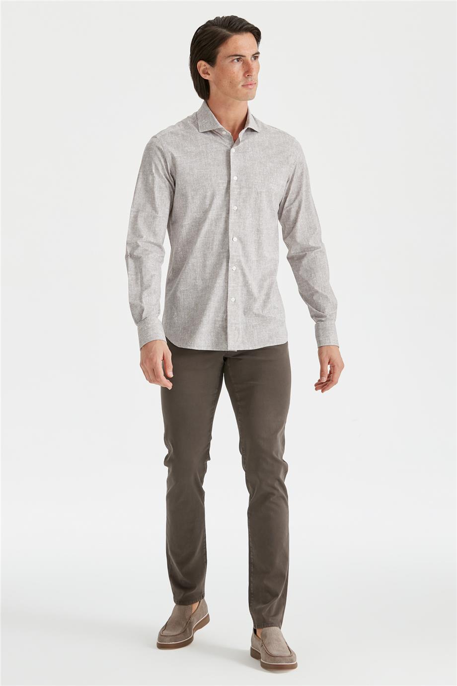 Bej Desenli Teknik Kumaş Gömlek