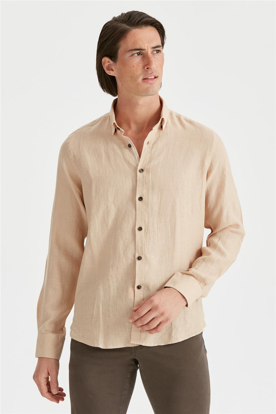 Bej Erkek Keten Gömlek