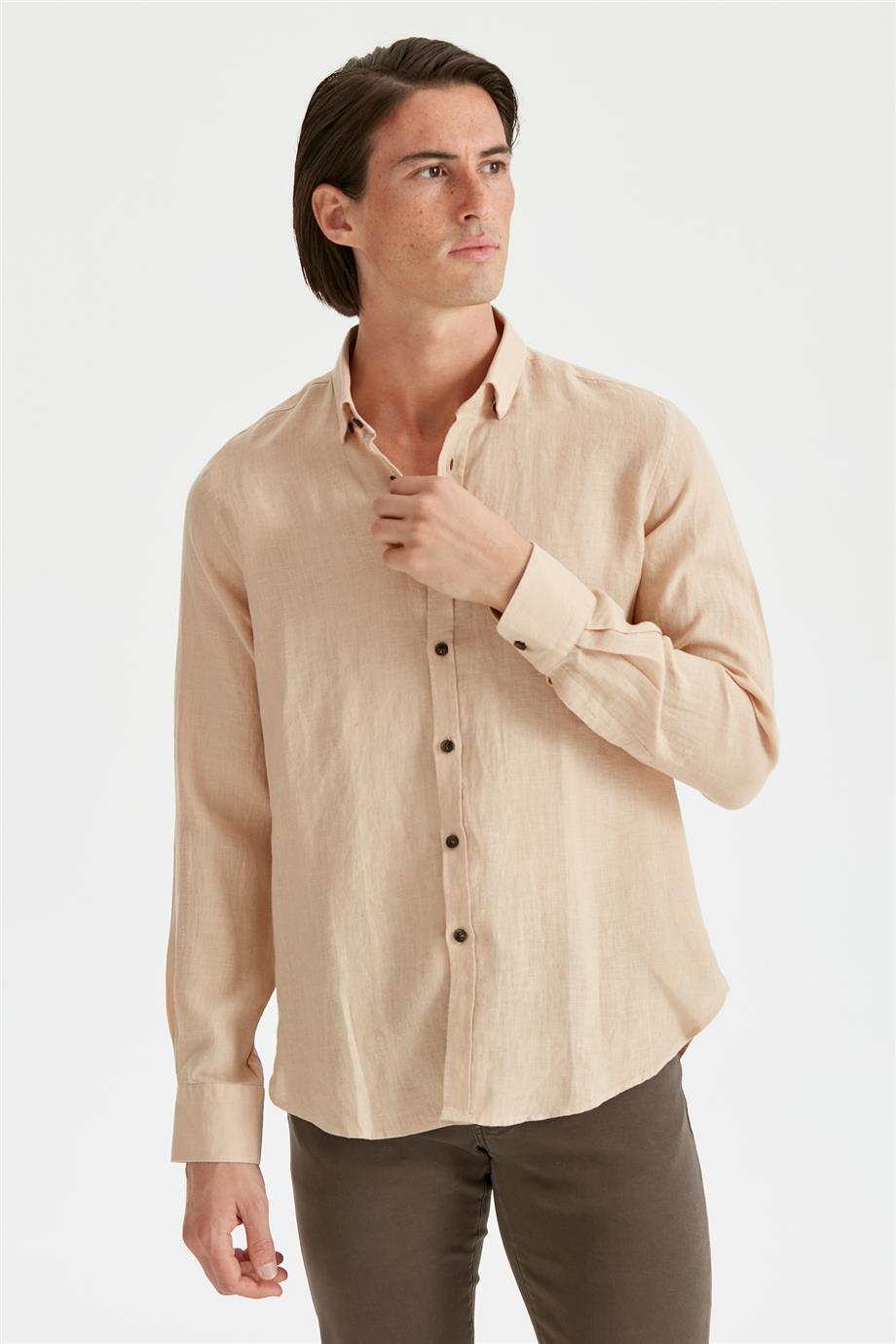 Bej Erkek Keten Gömlek