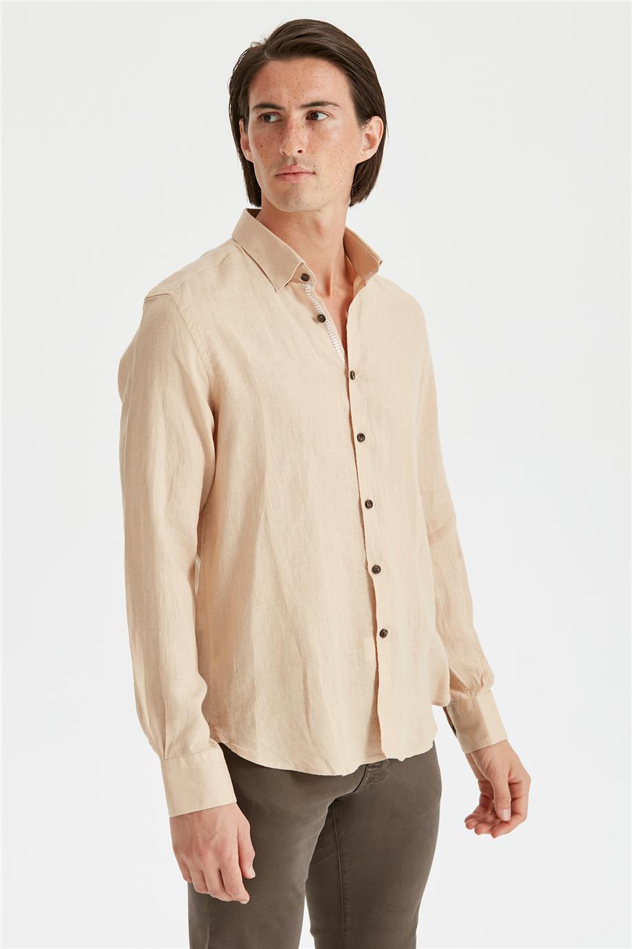 Bej Erkek Keten Gömlek