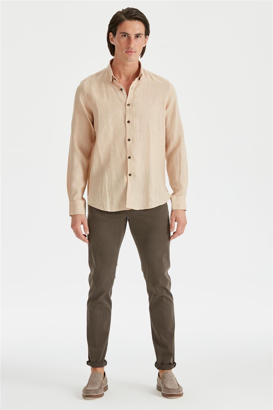 Bej Erkek Keten Gömlek