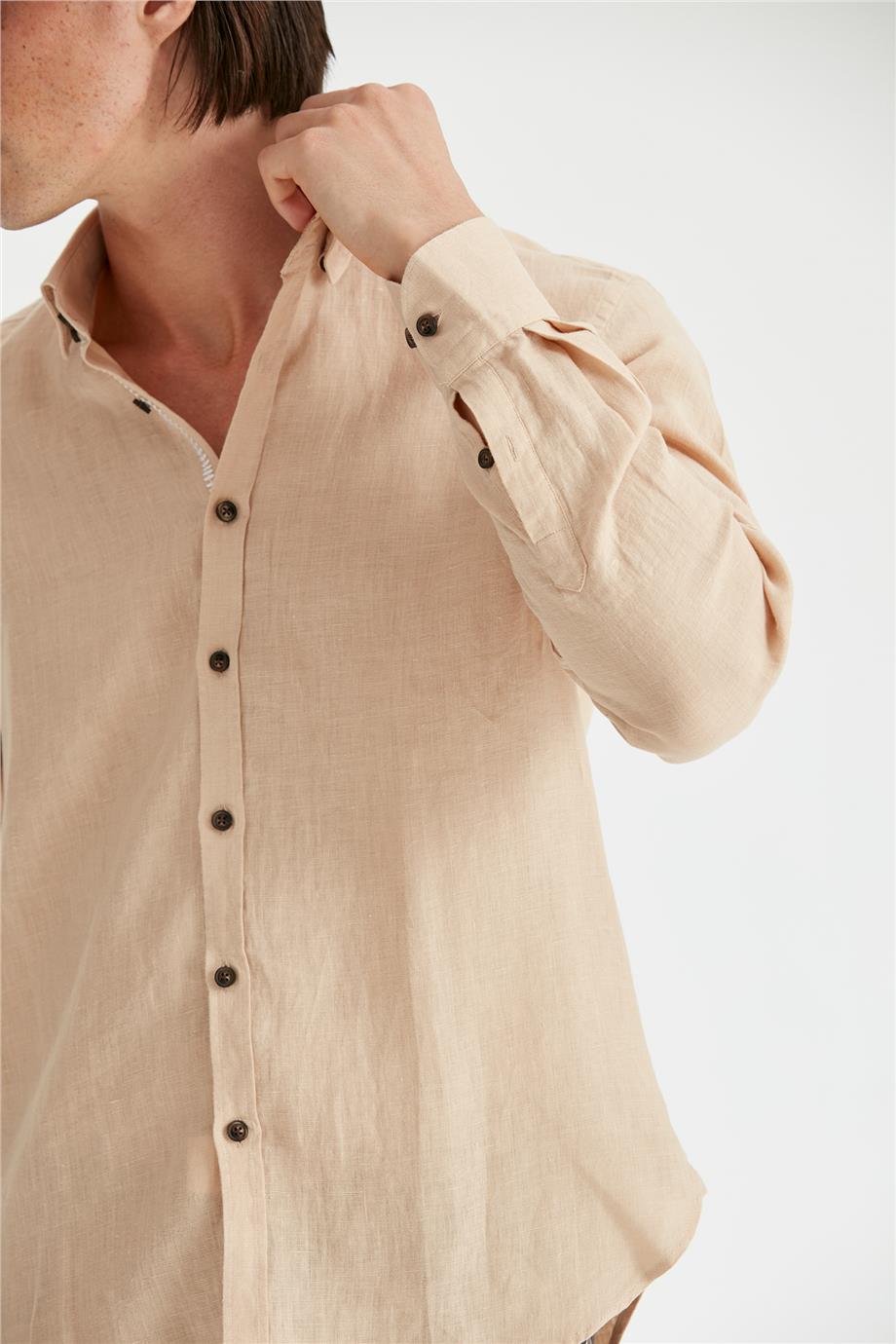 Bej Erkek Keten Gömlek