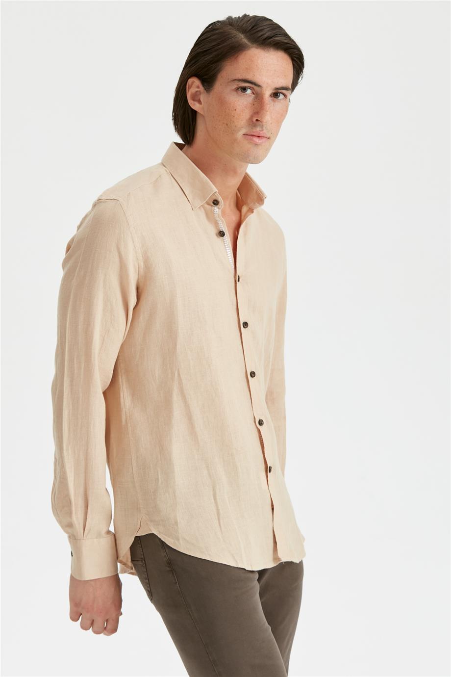 Bej Erkek Keten Gömlek