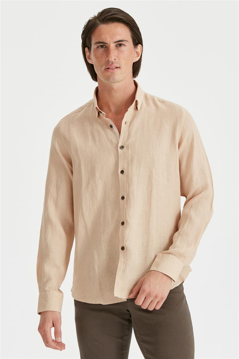 Bej Erkek Keten Gömlek
